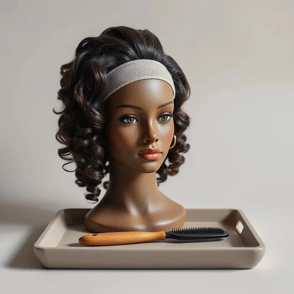Mannequin wearing a realistic wig with visible hairline and neatly arranged comb and brush nearby
