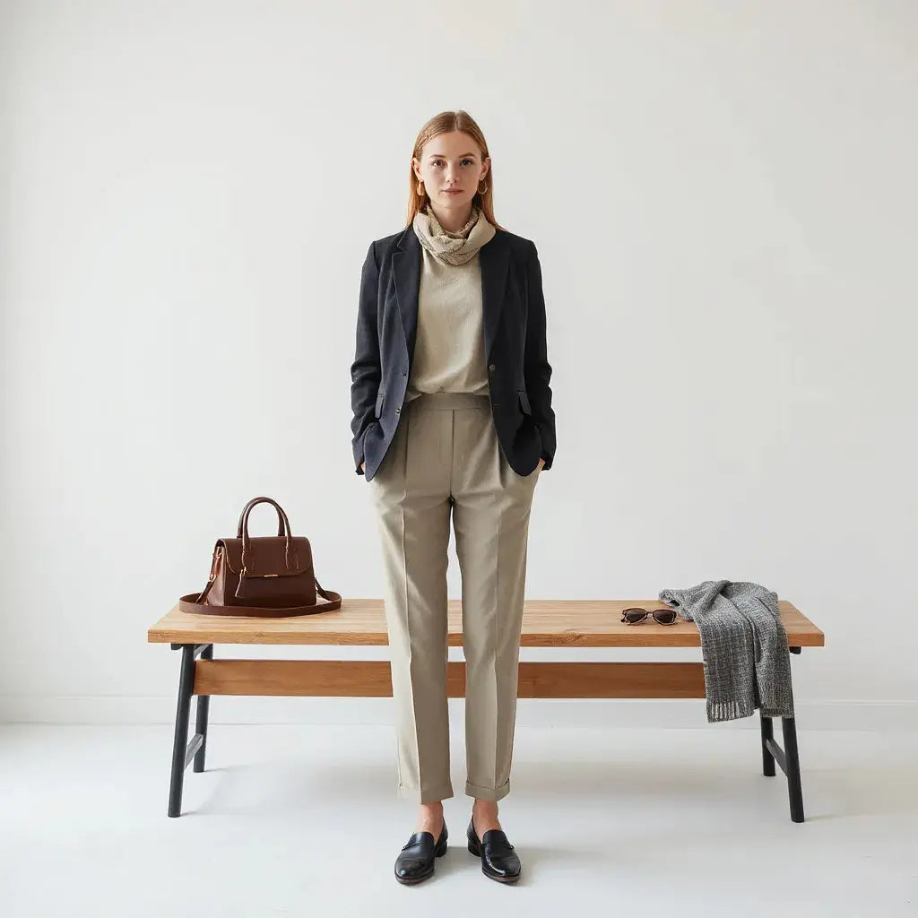 Stylish woman modeling a tailored blazer and layered neutral outfit with accessories in a bright studio