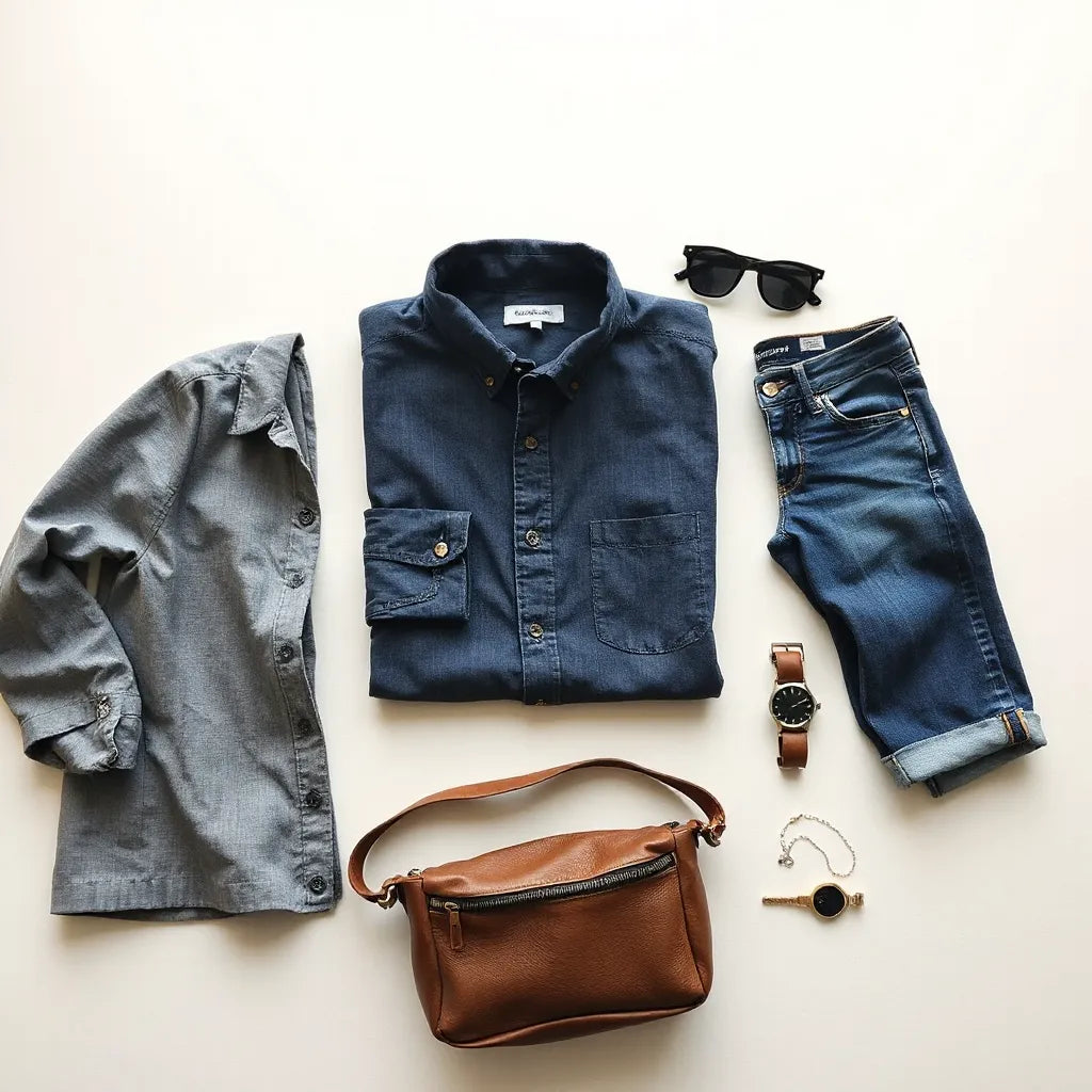 Folded casual clothing and minimalist accessories arranged neatly for outfit styling