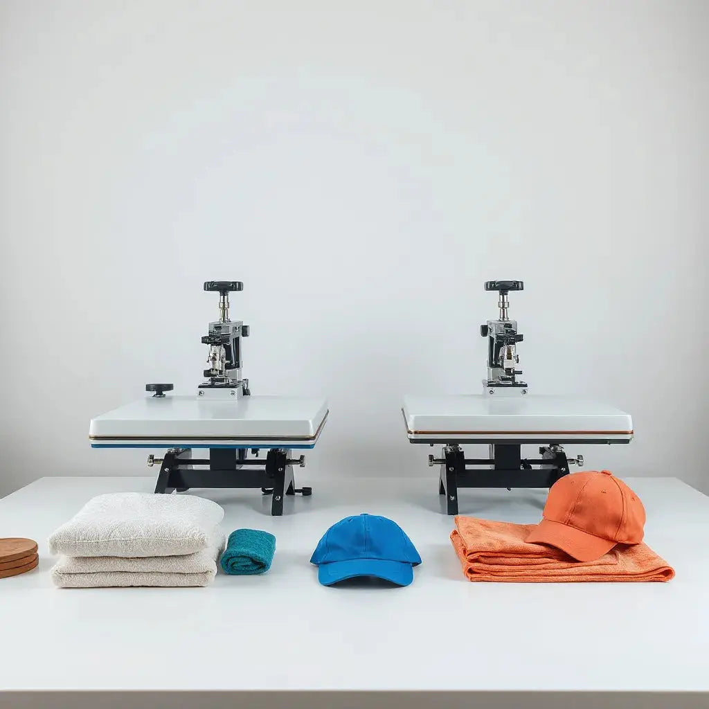 Two sublimation heat press machines on a clean workspace with transfer sheets and blank polyester blanks