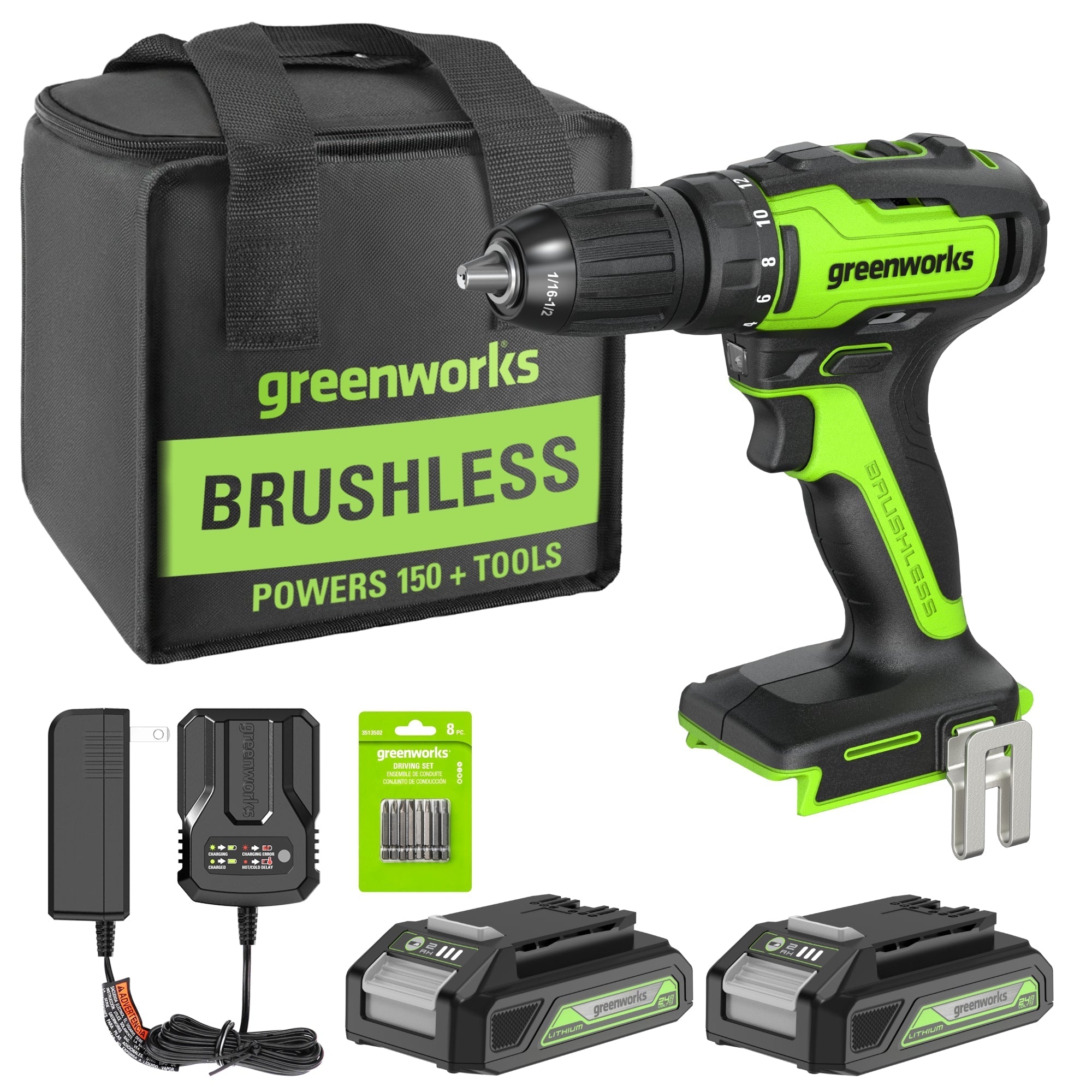 24V Brushless 1/2" 310 in/lbs Drill Kit: (2) 2Ah Batteries and Charger, 8-piece Bit Set and Tool Bag Included MegaBDM