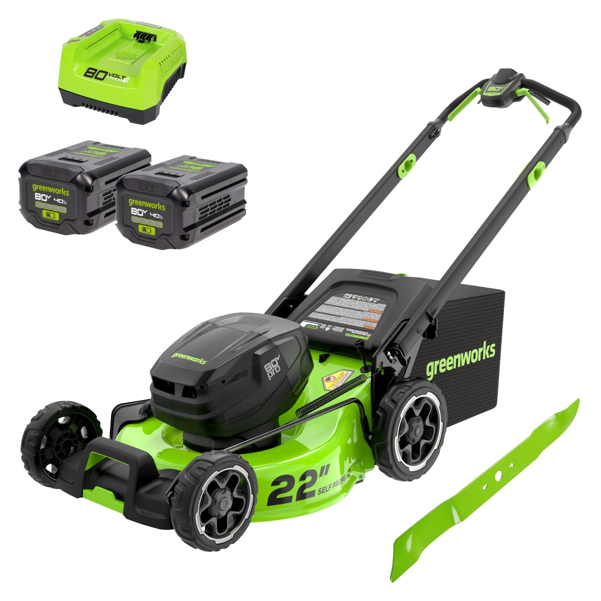 80V 22" Cordless Battery Dual Blade Self-Propelled Lawn Mower: (2) 4.0 Ah Batteries and Rapid Charger, LM2208S MegaBDM