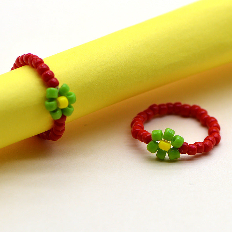 Handmade Ya Woven Little Flower Fresh Ring - V002 Red Light Green Yellow MegaBDM