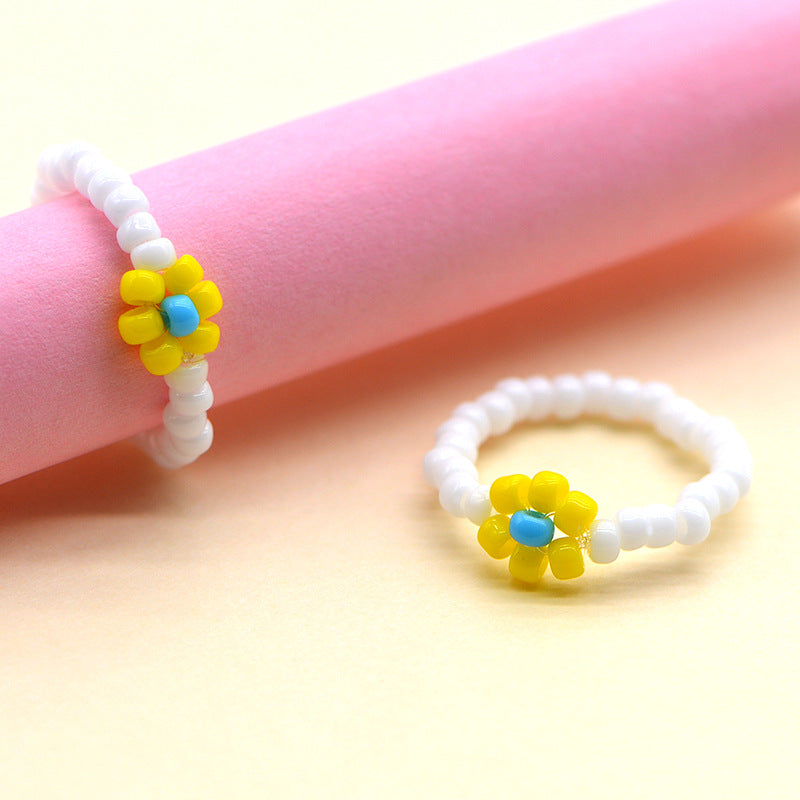Handmade Ya Woven Little Flower Fresh Ring - V002 White and Yellow Blue MegaBDM