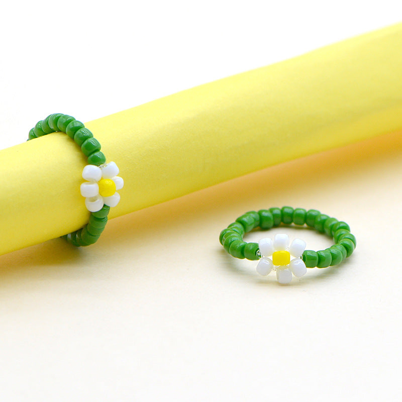 Handmade Ya Woven Little Flower Fresh Ring - V002 Dark Green White and Yellow MegaBDM