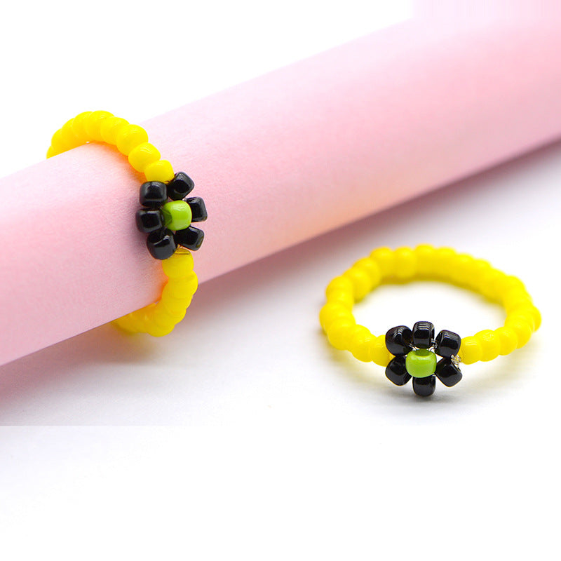 Handmade Ya Woven Little Flower Fresh Ring - V002 Yellow Black Light Green MegaBDM