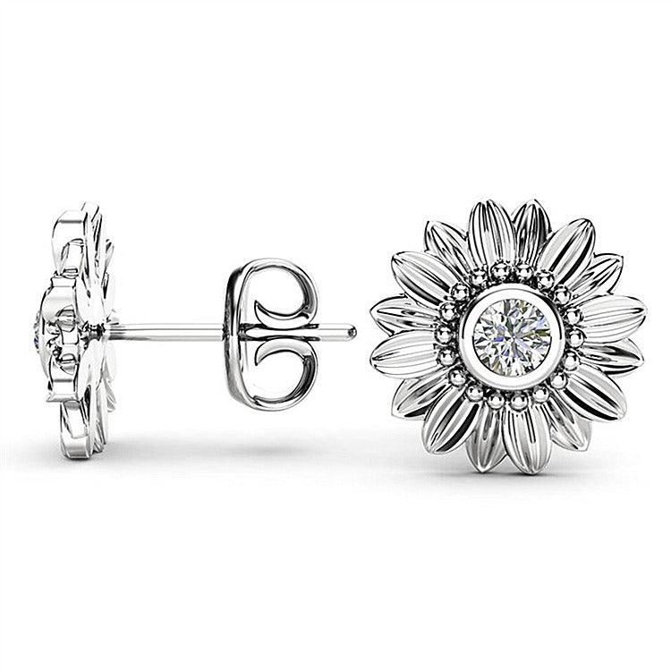 Diamond Rose Gold Plated Natural Sun Flower Ear Earrings - White Diamond Ear Studs [White Gold Color]] MegaBDM