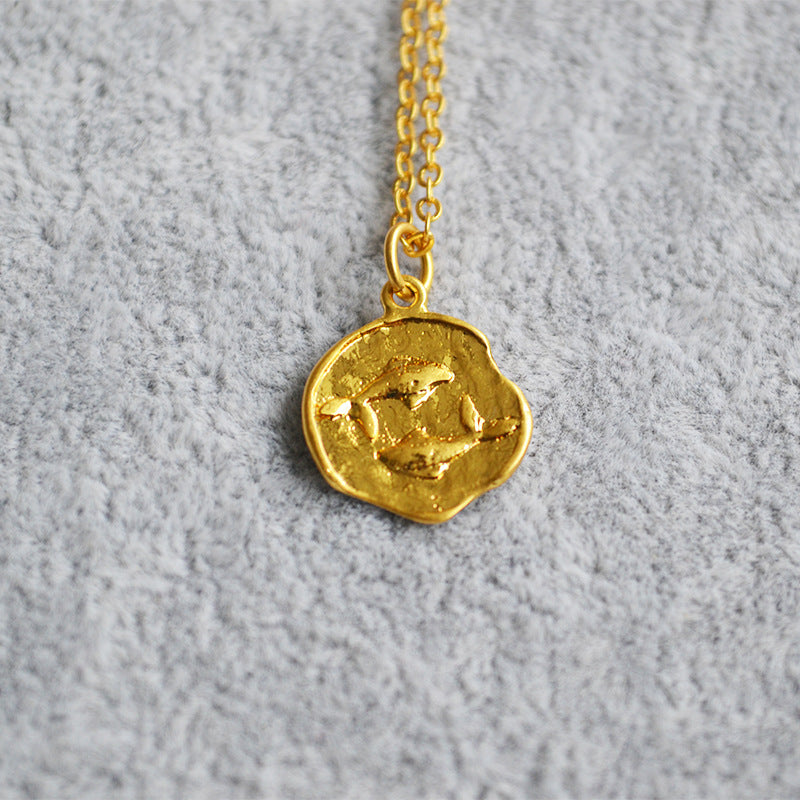 Niche Retro Golden Constellation Embossed Pattern Necklaces - Pisces MegaBDM