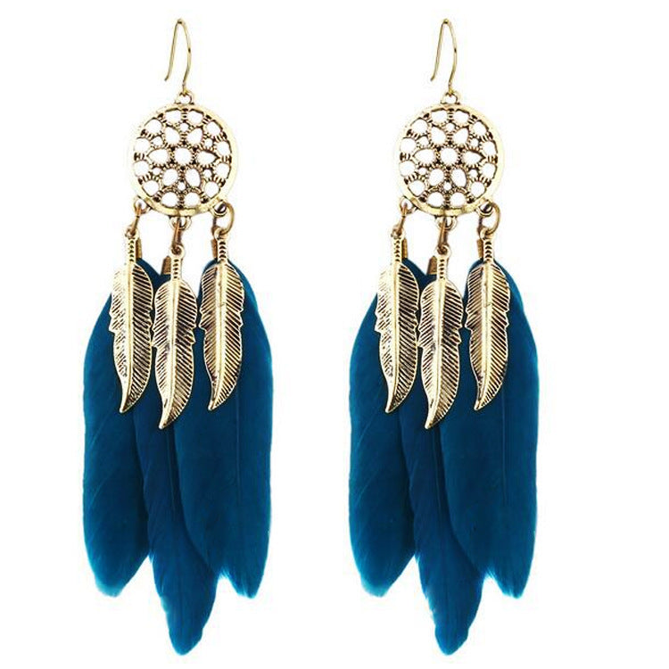 Women's Vintage Round Hollow Leaf Feather Bohemian Long Earrings MegaBDM