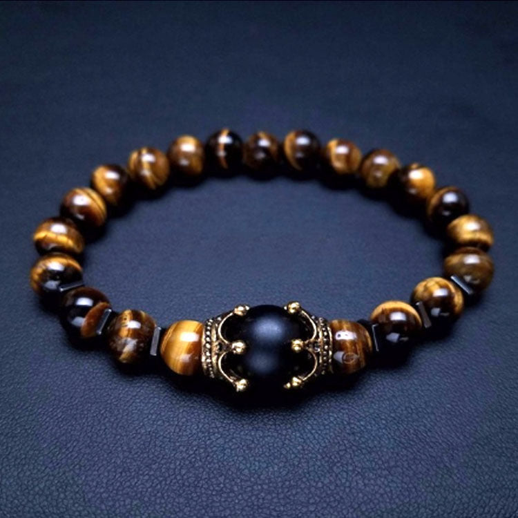 Men's Listed Charm Fashion Crown Tigereye Beaded Bracelet - Tiger Eye/Matte MegaBDM