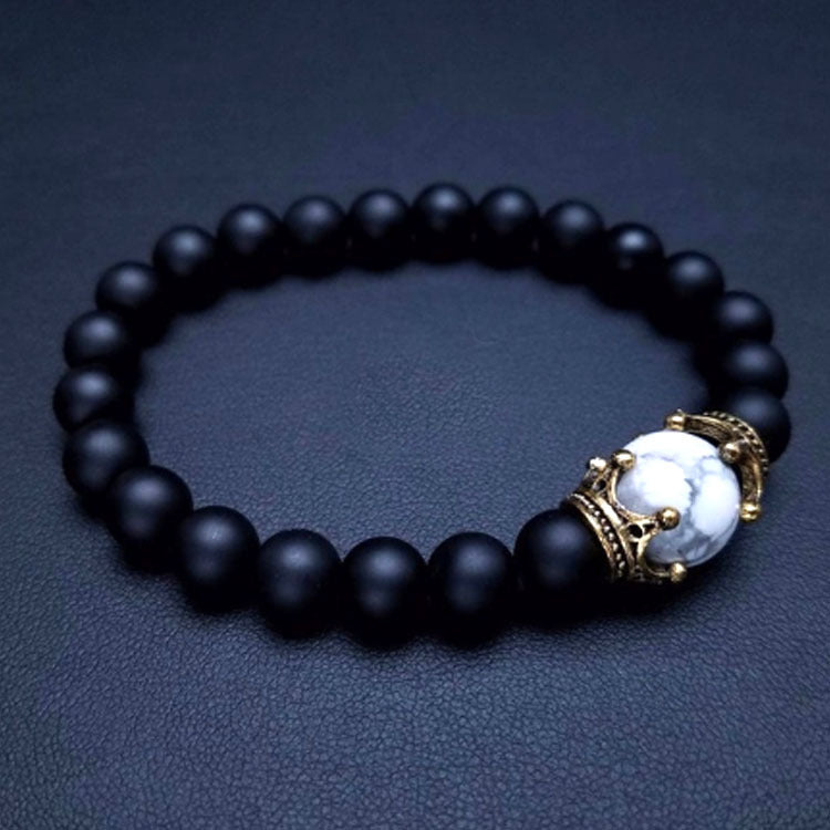 Men's Listed Charm Fashion Crown Tigereye Beaded Bracelet - Frosted/Imported White-Barked Pine MegaBDM