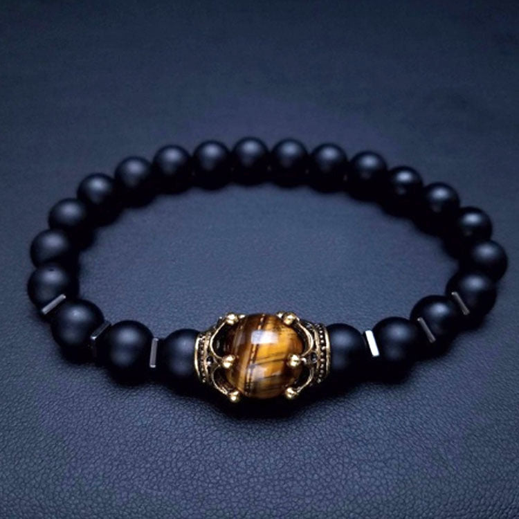 Men's Listed Charm Fashion Crown Tigereye Beaded Bracelet - Frosted/Tiger Eye MegaBDM