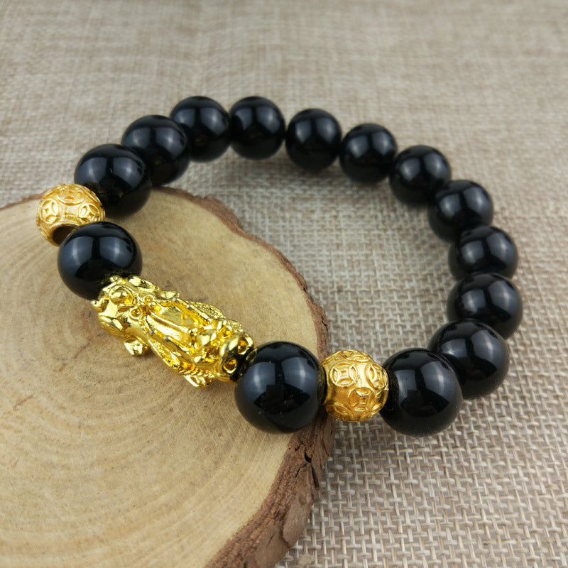 Men's Obsidian Gilt Six Words Mantra Two Yuan Store Bracelet - 12mm Golden Balls Women's Bag MegaBDM