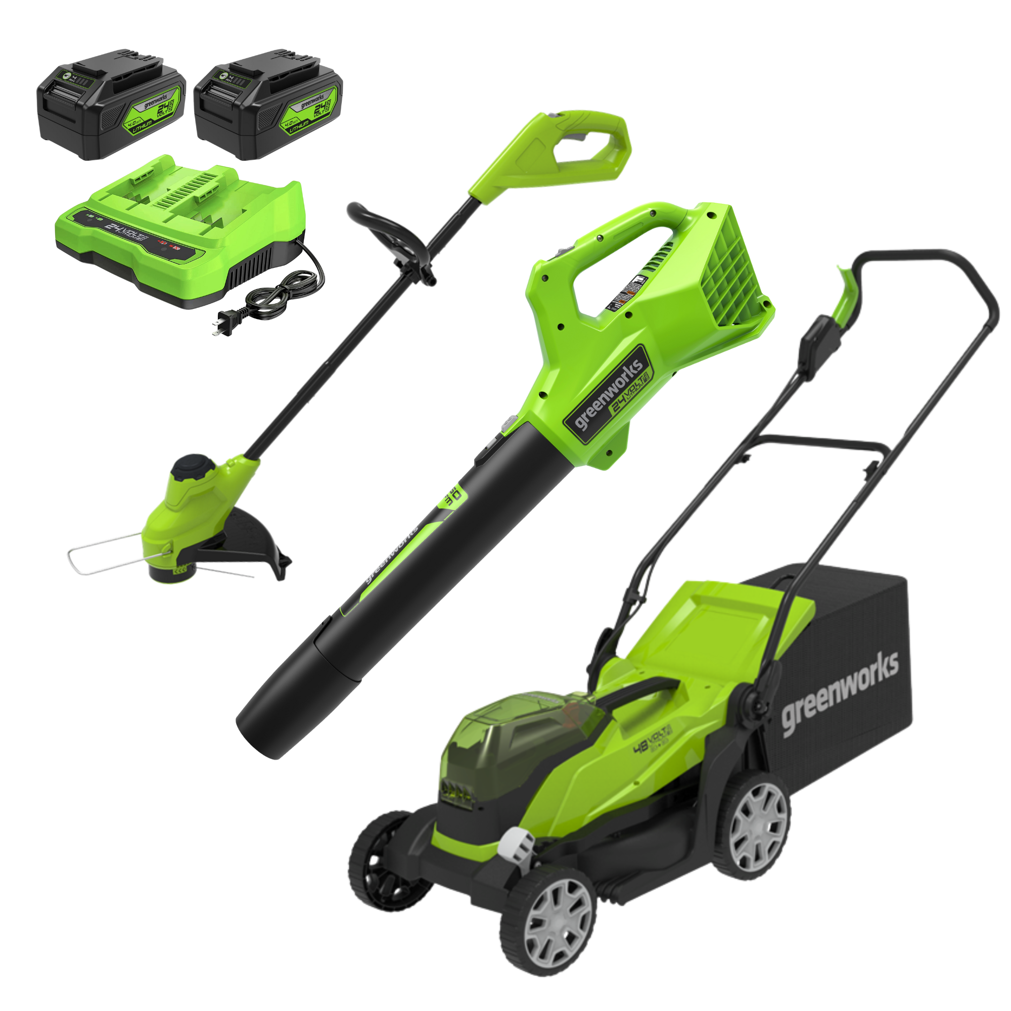 48V (24V x 2) 14" Cordless Battery Push Lawn Mower, 320CFM Leaf Blower and 10" String Trimmer Combo Kit: (2) 4.0 Ah USB Batteries and Dual-Port Charger MegaBDM