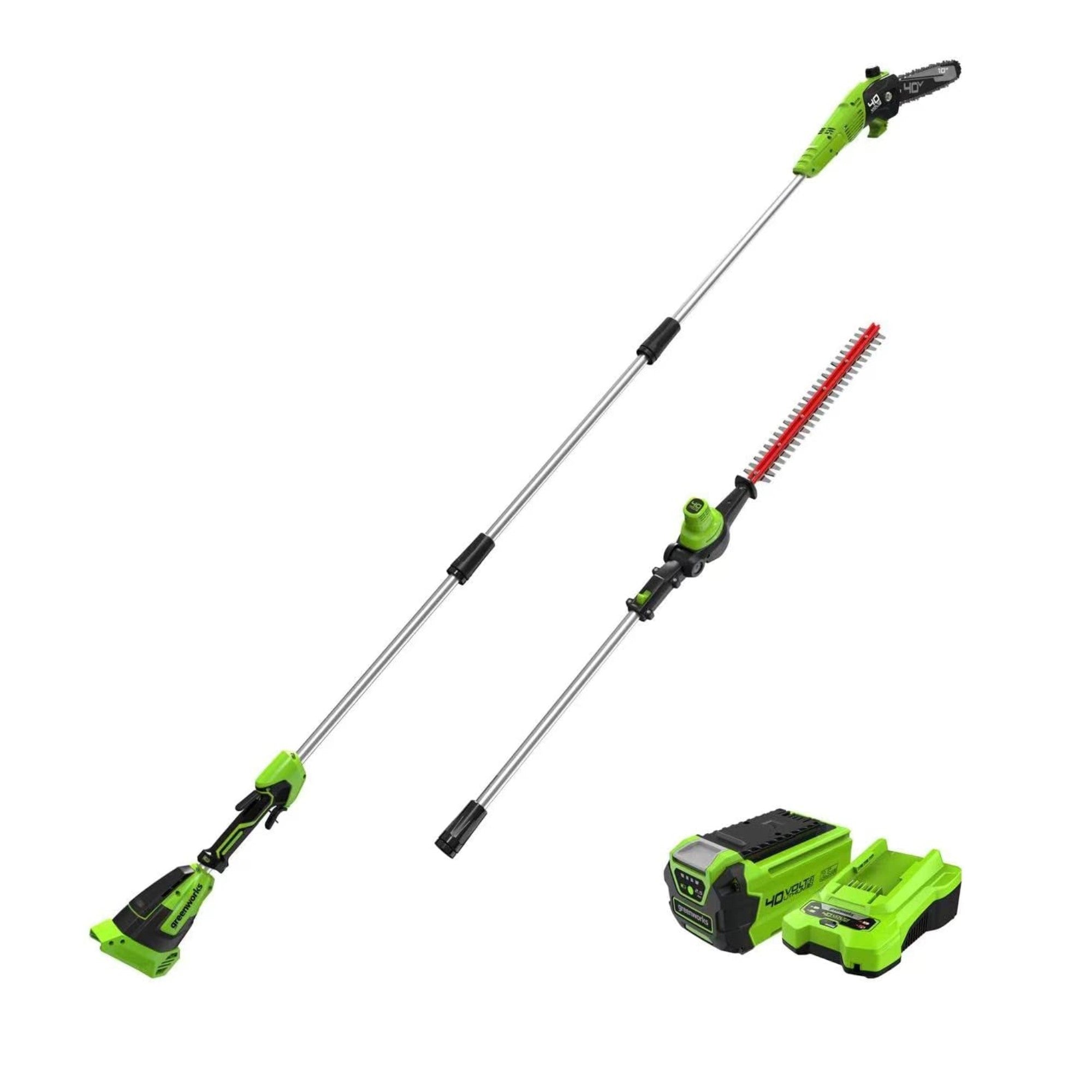 40V 10" Cordless Battery Pole Saw and Hedge Trimmer Attachment: 2.5 Ah Battery and Charger MegaBDM