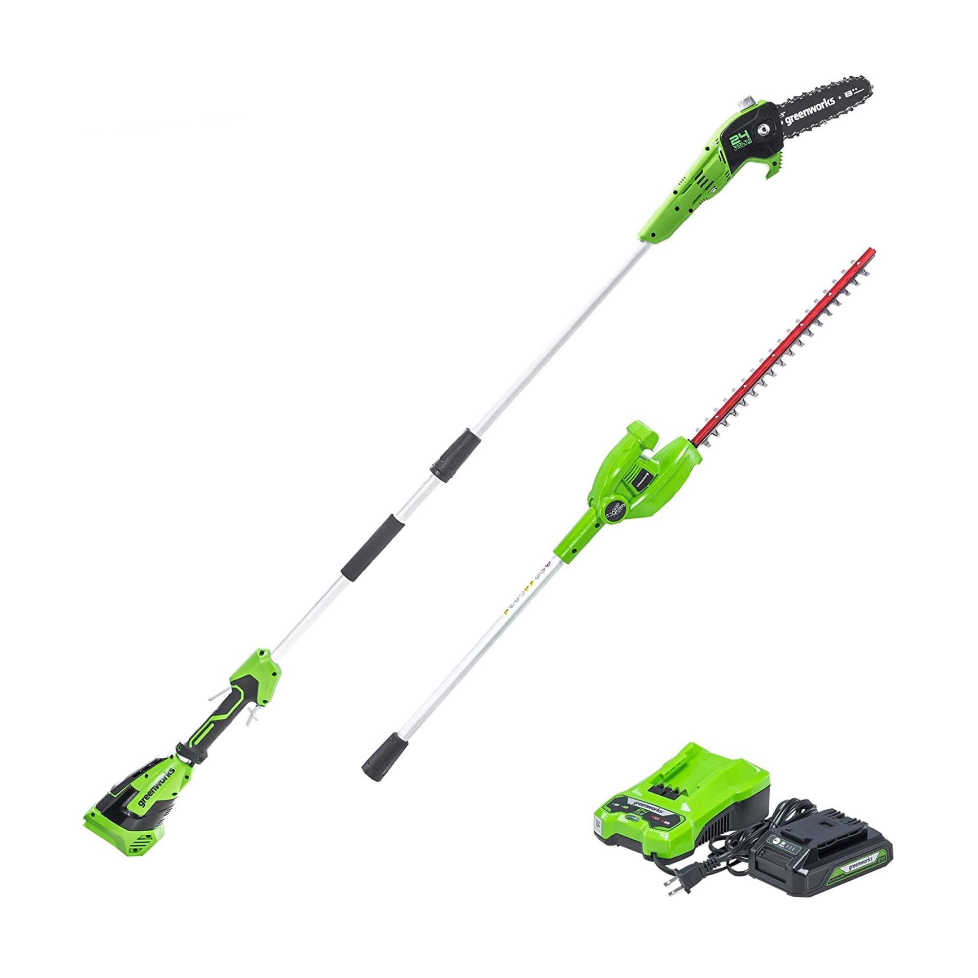 24V 8" Cordless Battery Polesaw and Pole Hedge Trimmer Combo Kit, 2Ah USB Battery and Charger MegaBDM