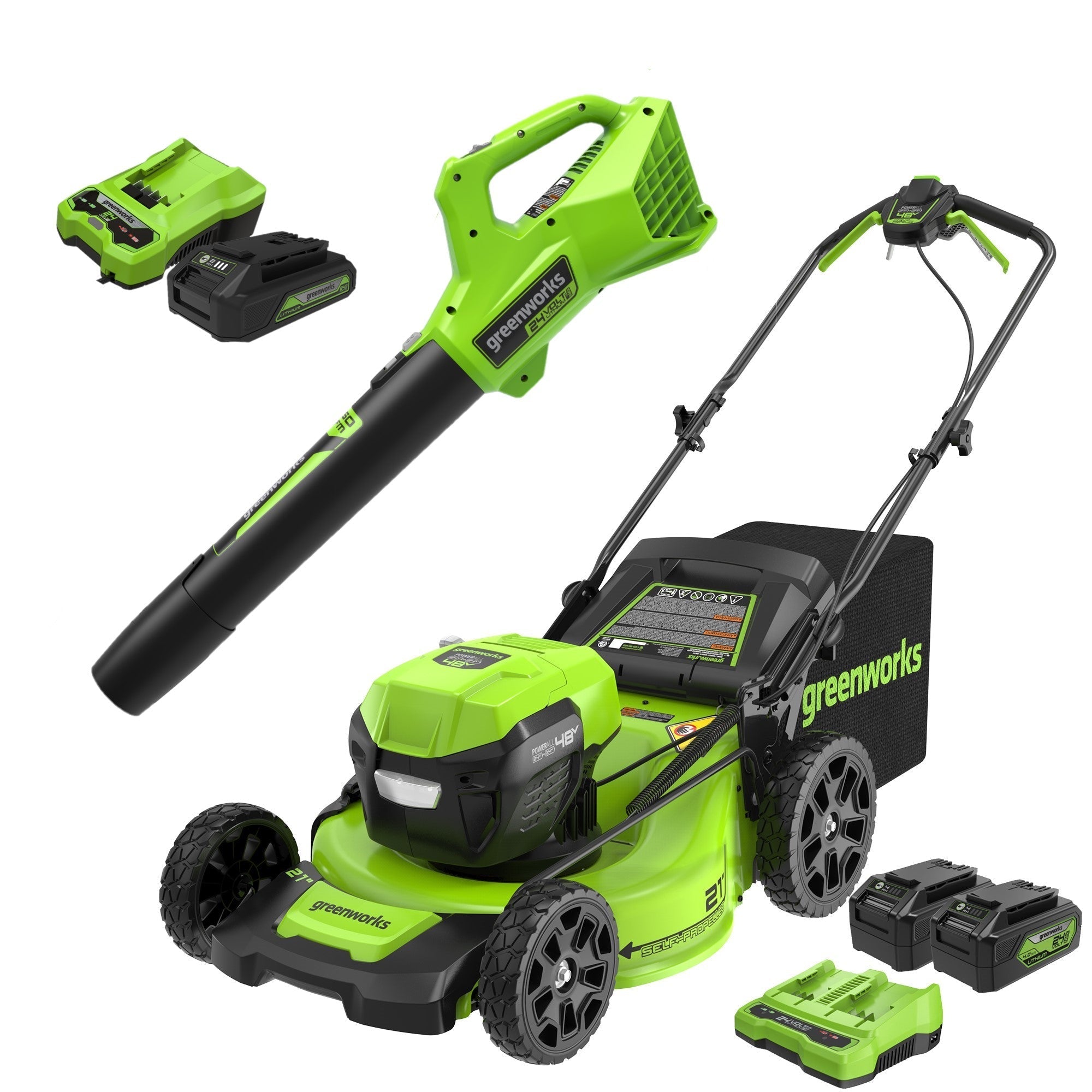 48V (24V x 2) 21" Cordless Battery Self-Propelled Mower & Blower Combo Kit w/ (3) Batteries & Chargers MegaBDM