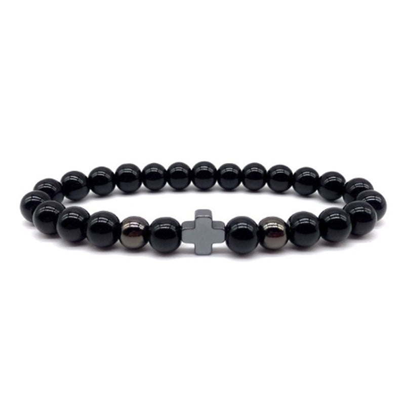 Men's Attractive Fashion Black Hematite Cross Bracelets - 8mm Bright Black MegaBDM