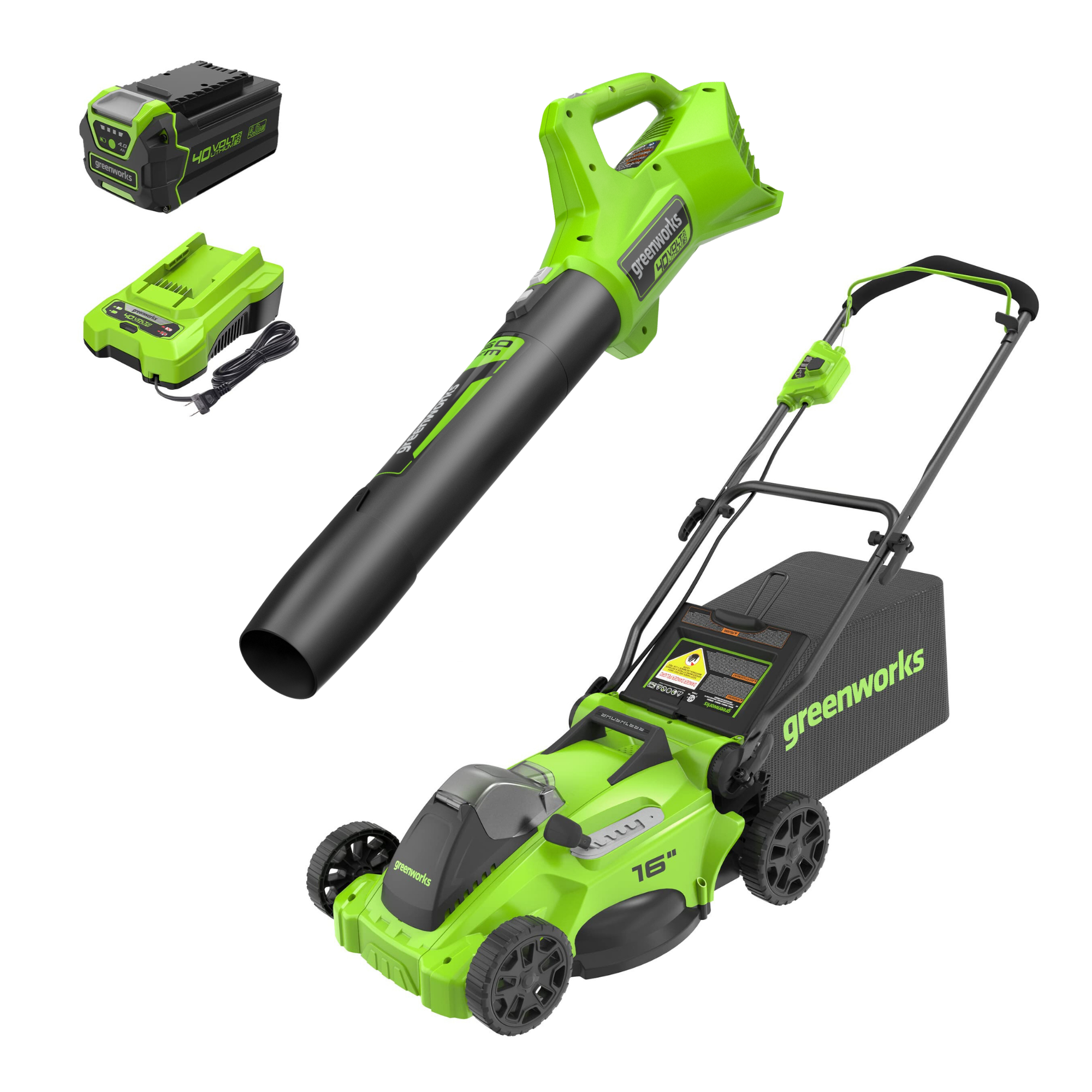 40V 16" Cordless Battery Brushless Push Lawn Mower and 350 CFM Blower Combo Kit: 4.0 Ah Battery and Charger MegaBDM