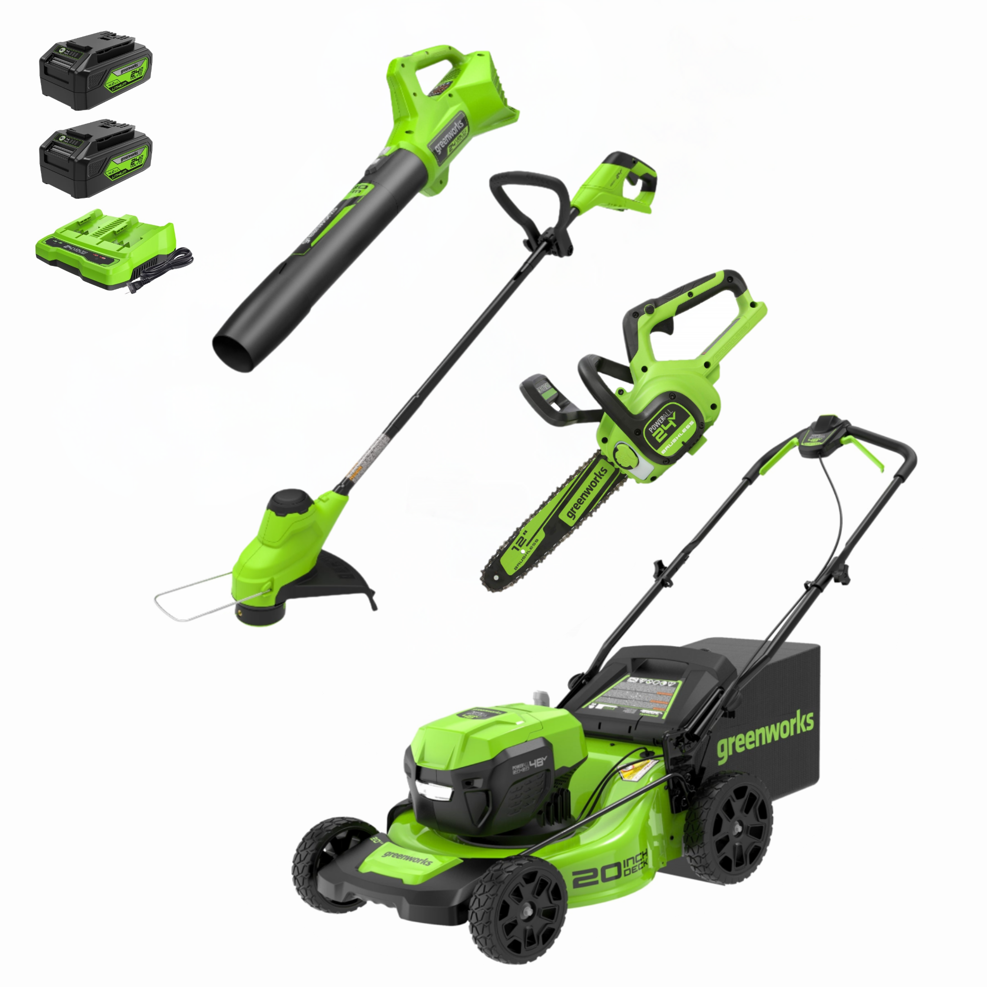 48V (24V x 2) 20" Cordless Battery Push Mower 4PC Combo Kit: (2) 4.0 Ah Batteries and Dual-Port Chargers MegaBDM