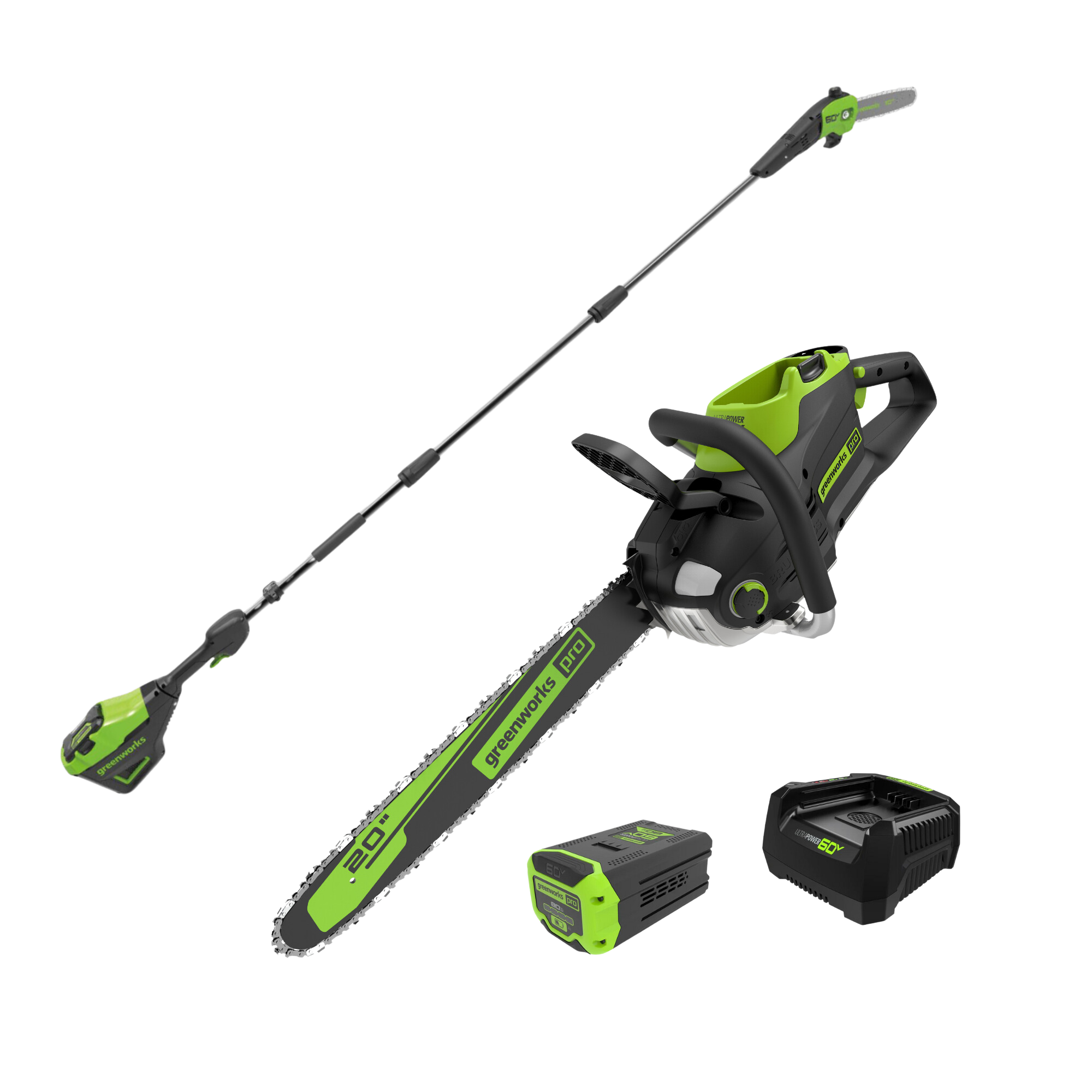 60V 20" Cordless Battery 3.2kW Chainsaw and 10" Pole Saw Combo Kit, 8.0 Ah Battery and Rapid Charger MegaBDM
