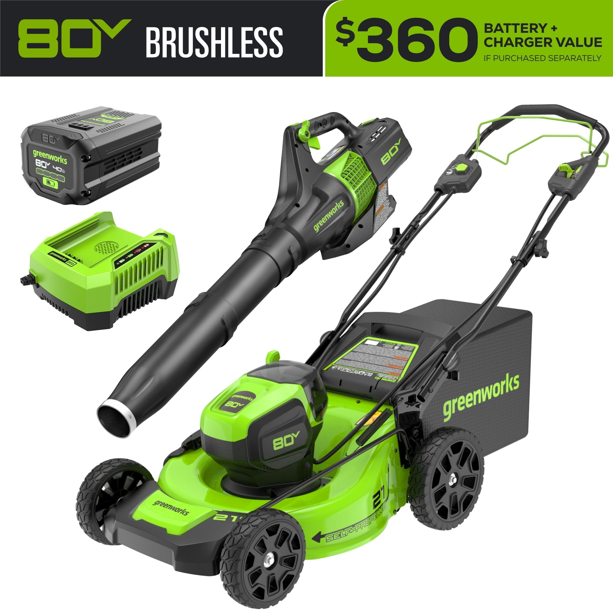 80V 21" Cordless Battery Self-Propelled Mower and Blower: 4.0 Ah Battery and Rapid Charger MegaBDM
