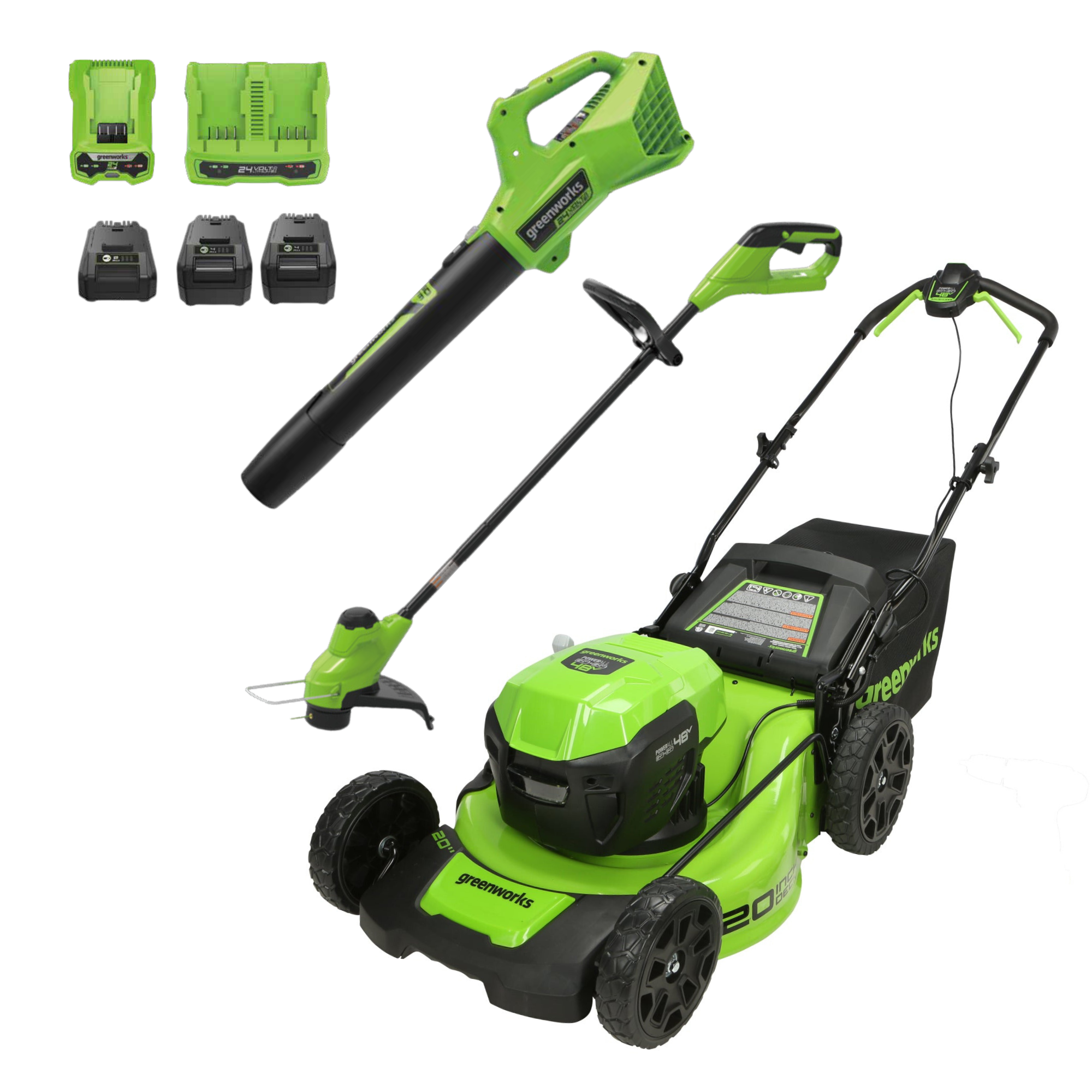 48V (24V x 2) 20" Cordless Battery Push Mower 3PC Combo Kit: (2) 4.0 Ah USB Batteries,(1) 2.0 Ah Battery,(1) Dual-Port Rapid Charger and (1) Charger MegaBDM