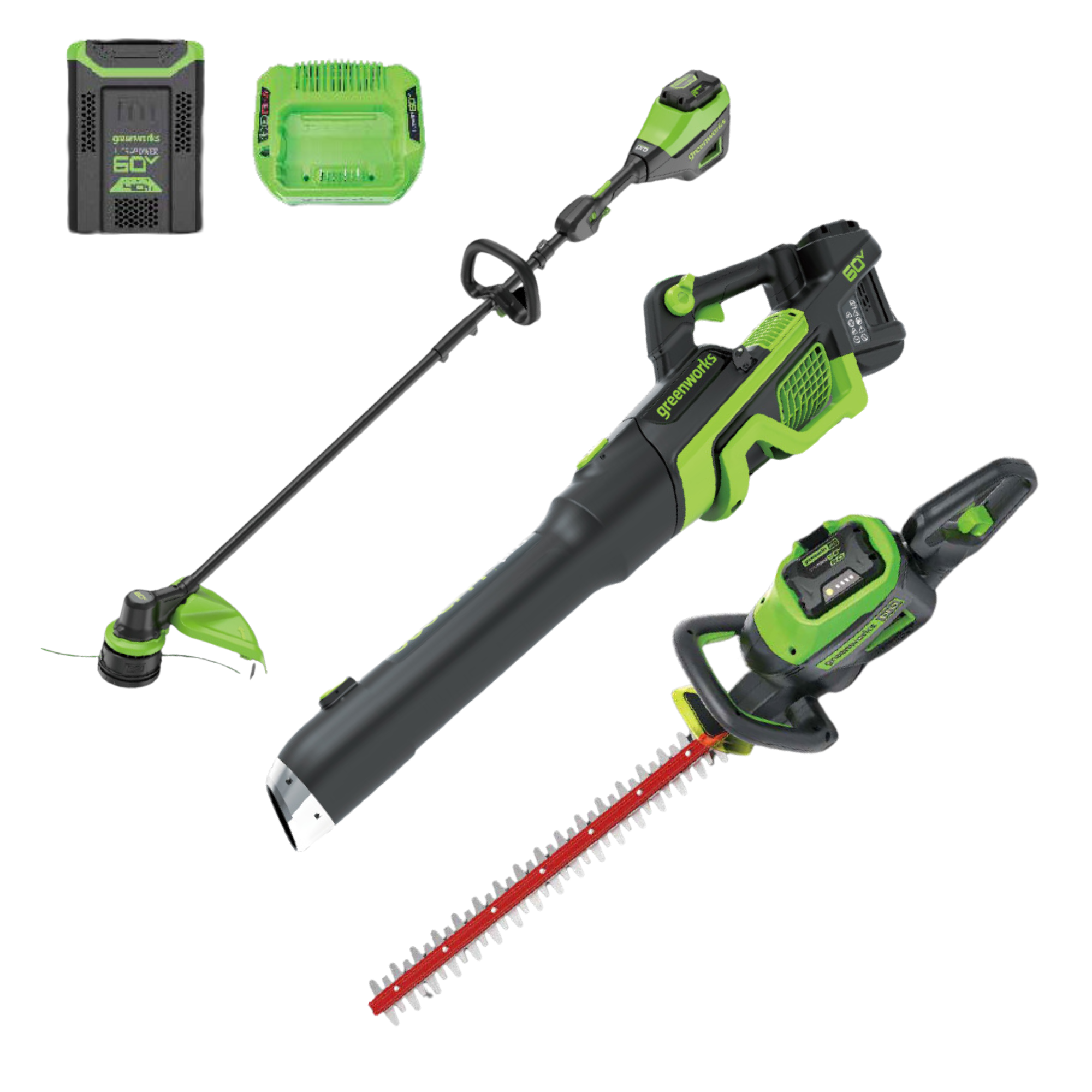 60V Cordless Battery 3PC Handheld Combo Kit, String Trimmer, Blower and Hedge Trimmer, (1) 2.5 Ah Battery and Charger MegaBDM