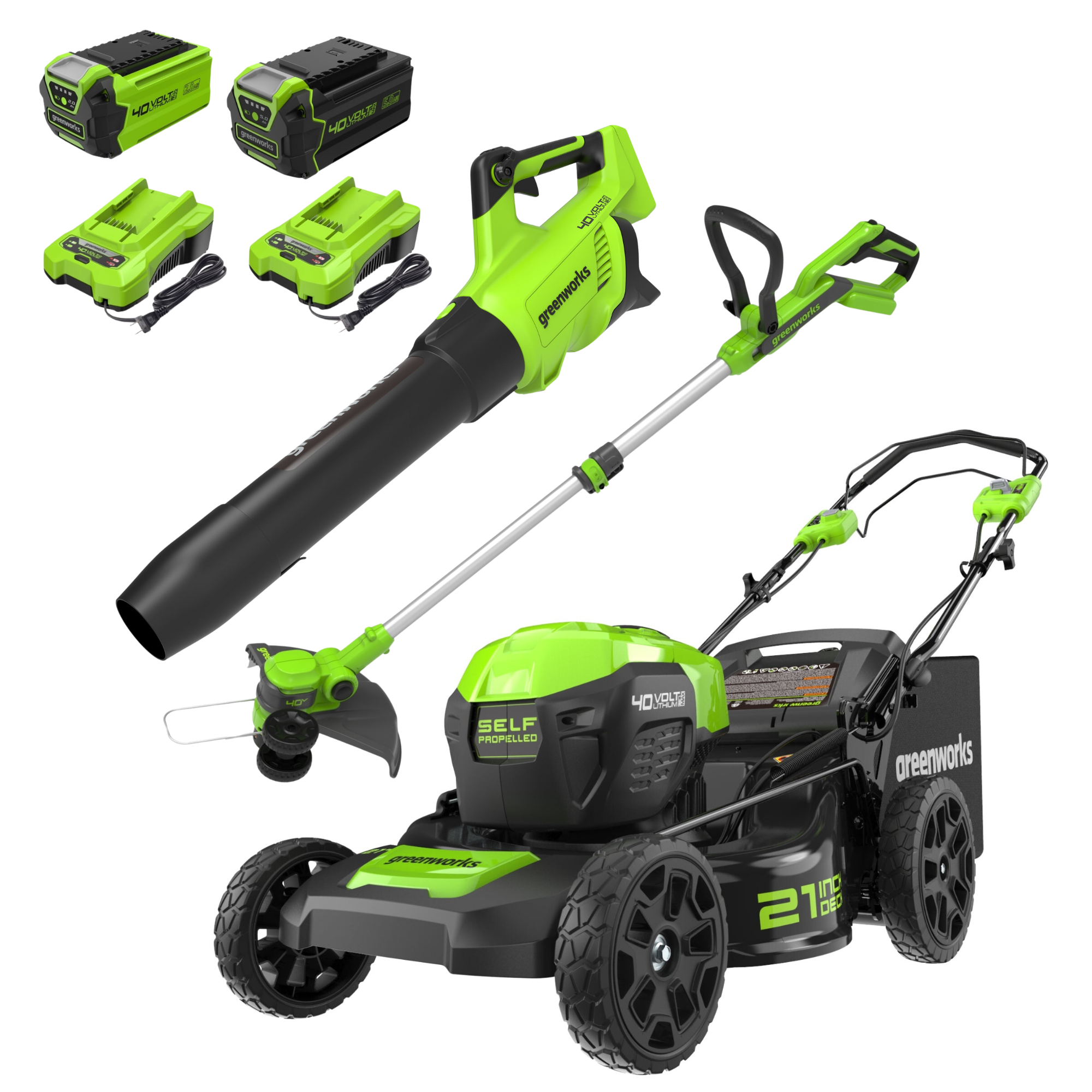 40V 21" Cordless Battery Self-Propelled Lawn Mower 3PC Combo Kit, (1) 5.0Ah Battery: (1) 2.0 Ah Battery and (2) Chargers MegaBDM
