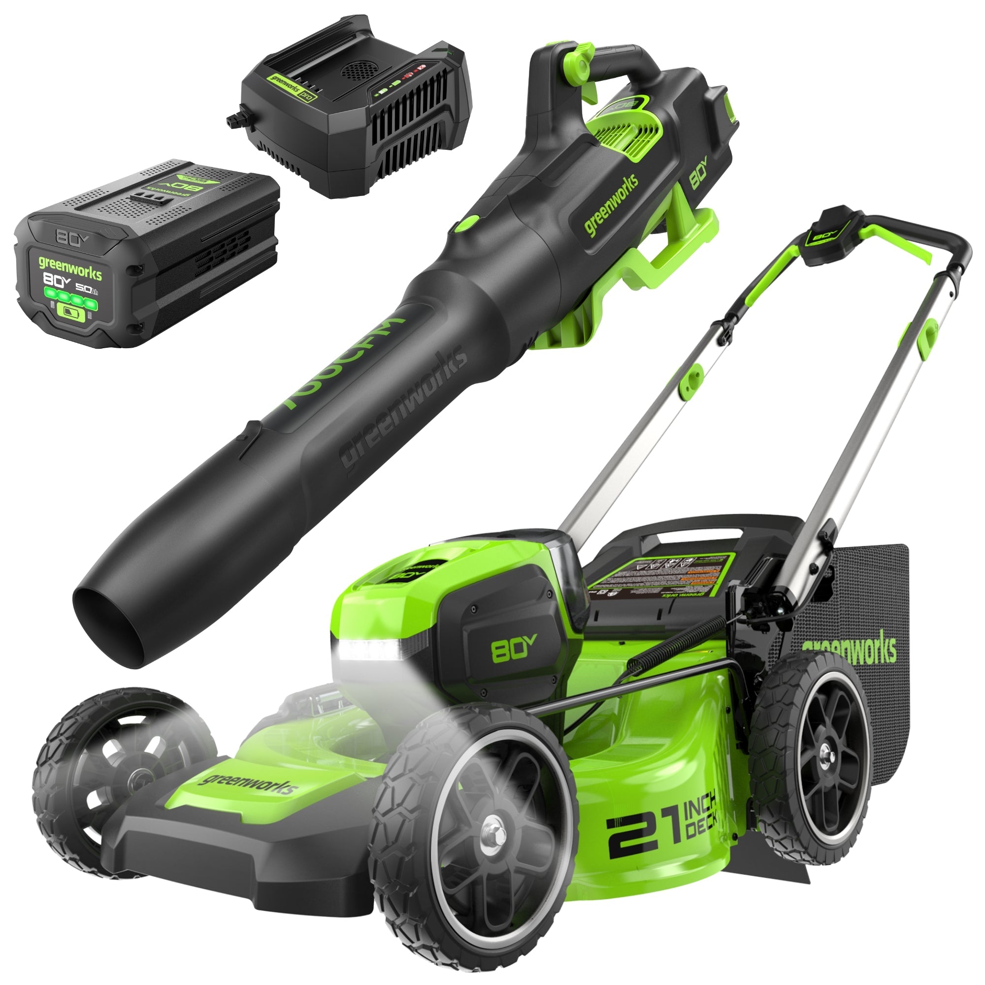 OPEN BOX 80V 21" Cordless Battery 4-in-1 Push Lawn Mower & 700CFM Blower Combo Kit w/ 5.0Ah Battery & 6A Charger MegaBDM