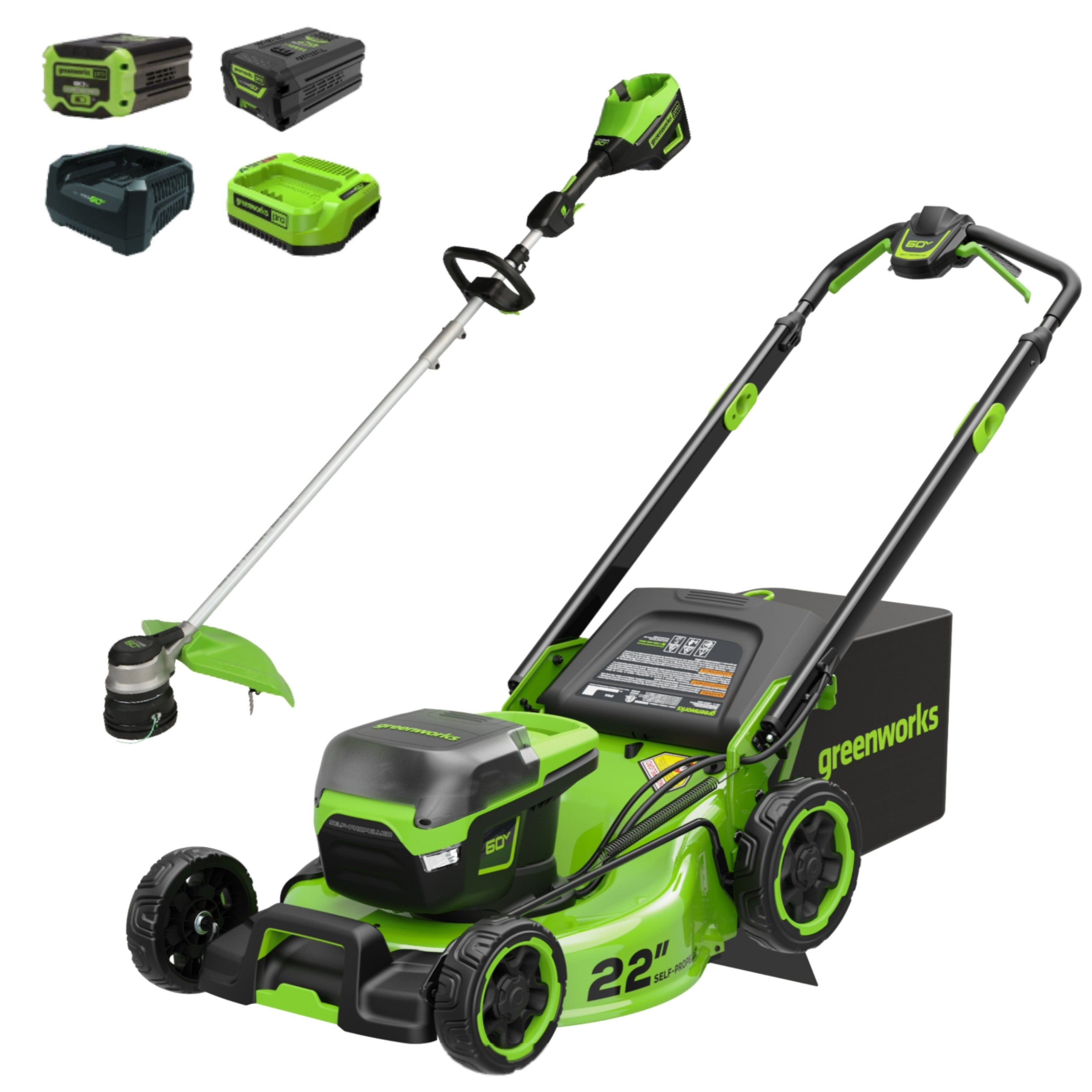60V 22" Cordless Battery Self-Propelled Mower and 16" String Trimmer Combo Kit, (1) 8.0 Ah and (1) 2.5 Ah Batteries and (2) Chargers MegaBDM