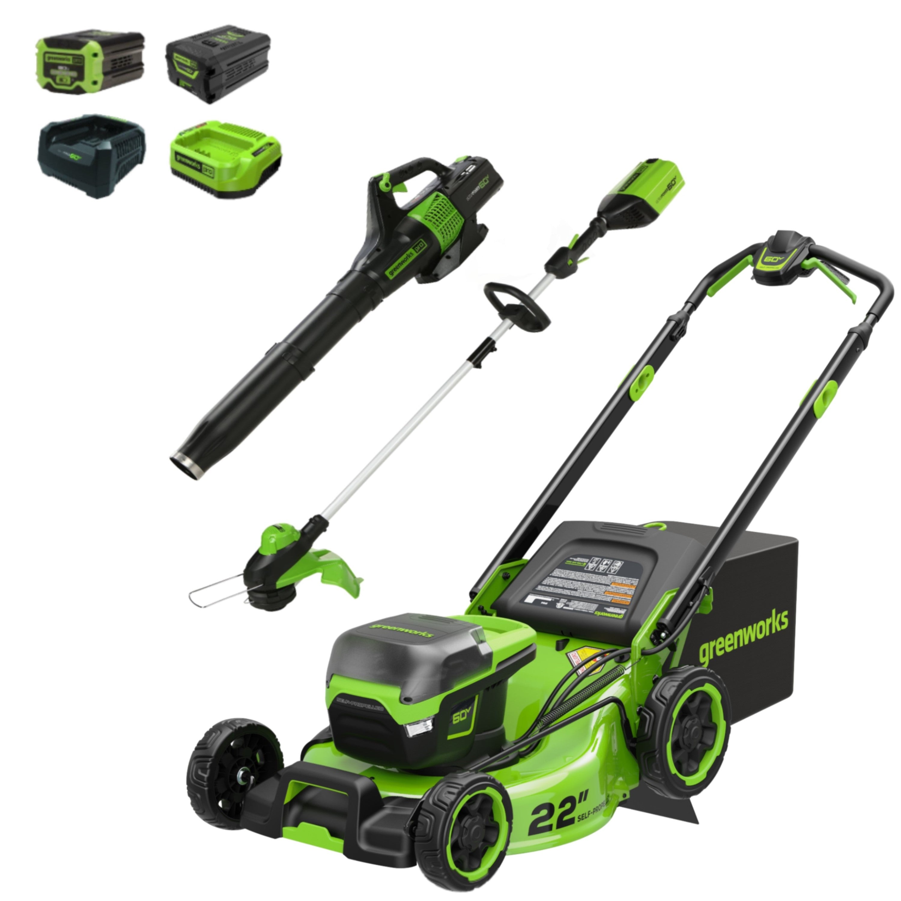 60V 22" Cordless Battery Self-Propelled Mower Combo Kit, String Trimmer and Blower MegaBDM