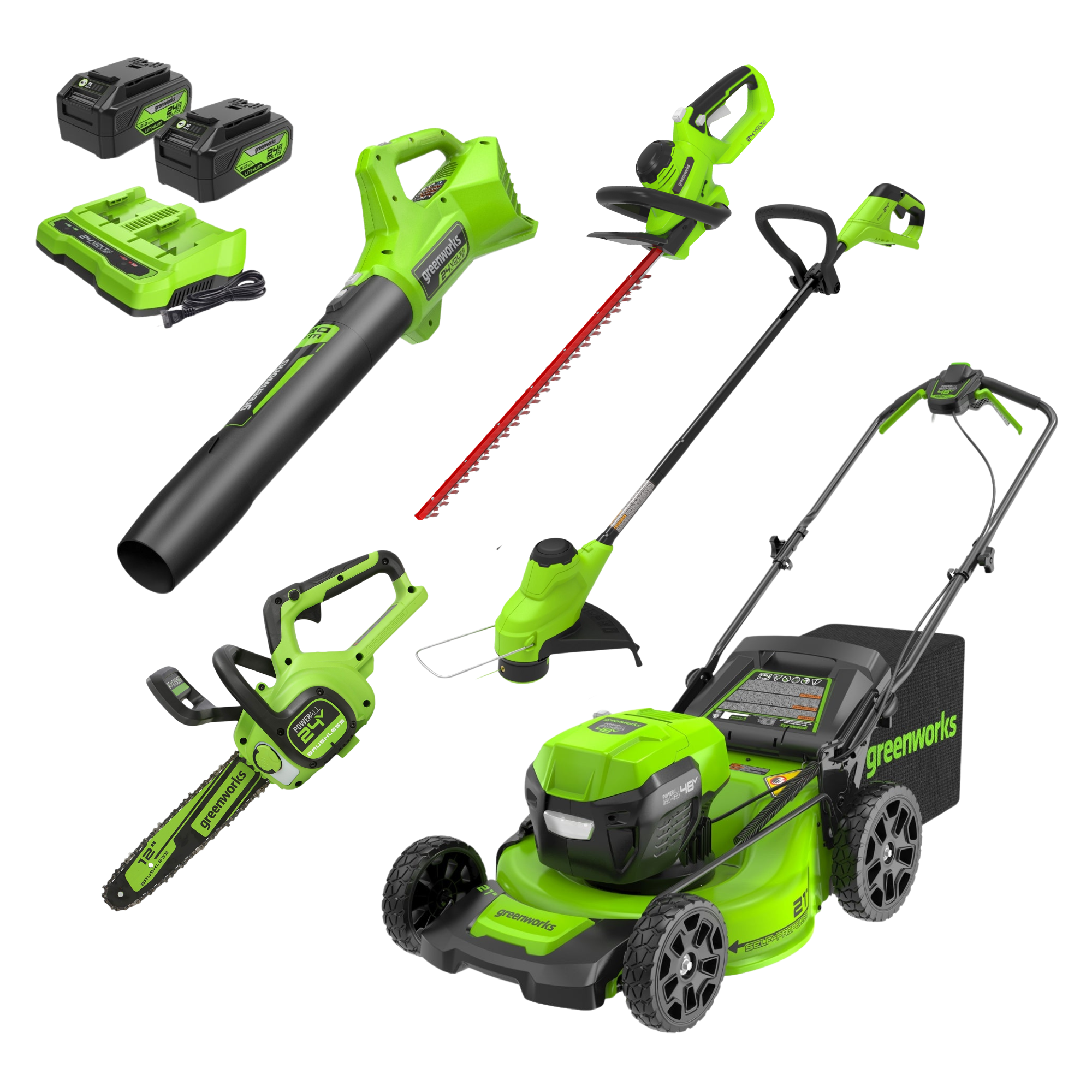 48V (24V x 2) 21" Cordless Battery Self-Propelled Mower 5PC Combo Kit: (2) 5.0Ah Batteries and Chargers MegaBDM