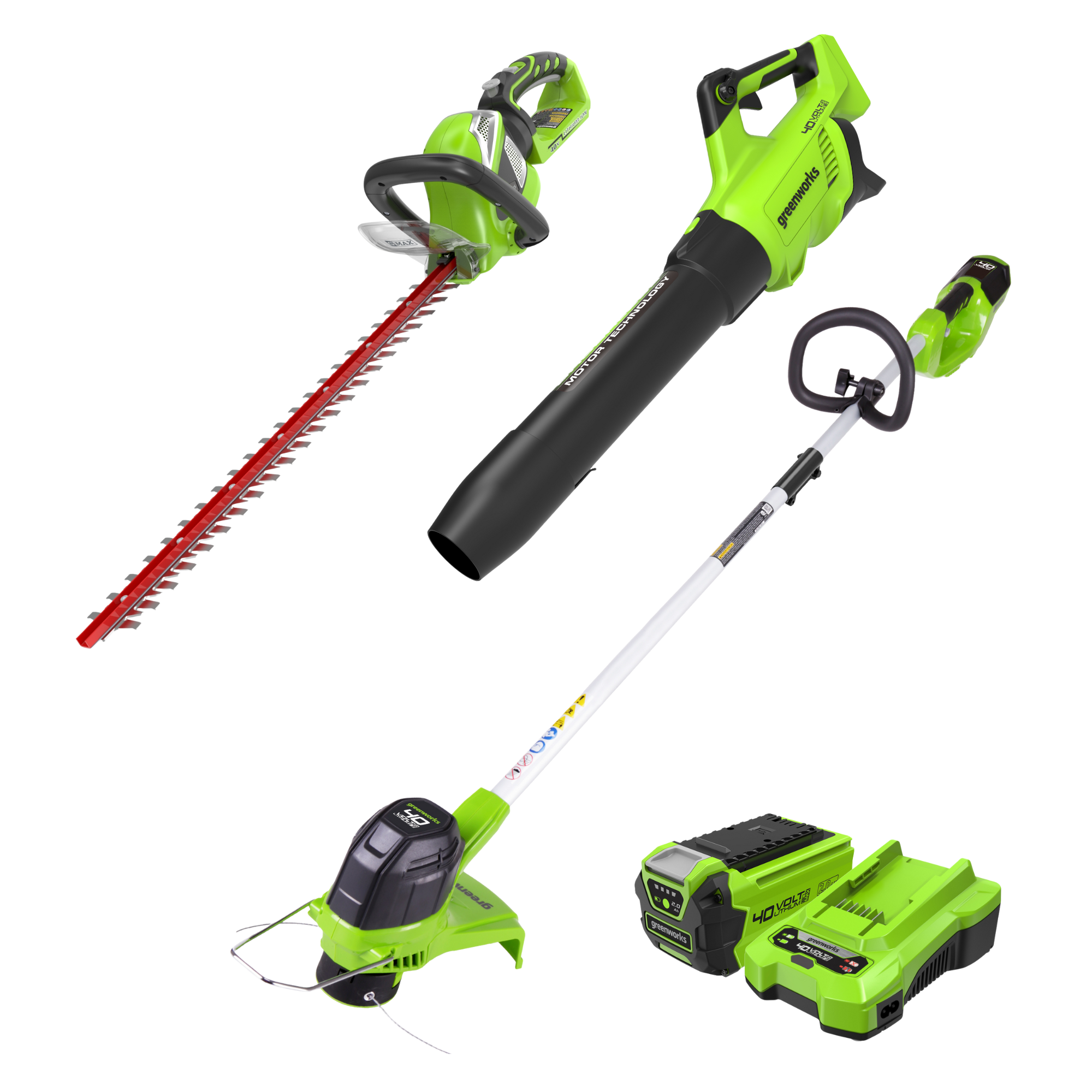 40V 12" Cordless Battery String Trimmer, 550 CFM Blower and 24" Hedge Trimmer Combo Kit: 2.0 Ah Battery and Charger MegaBDM