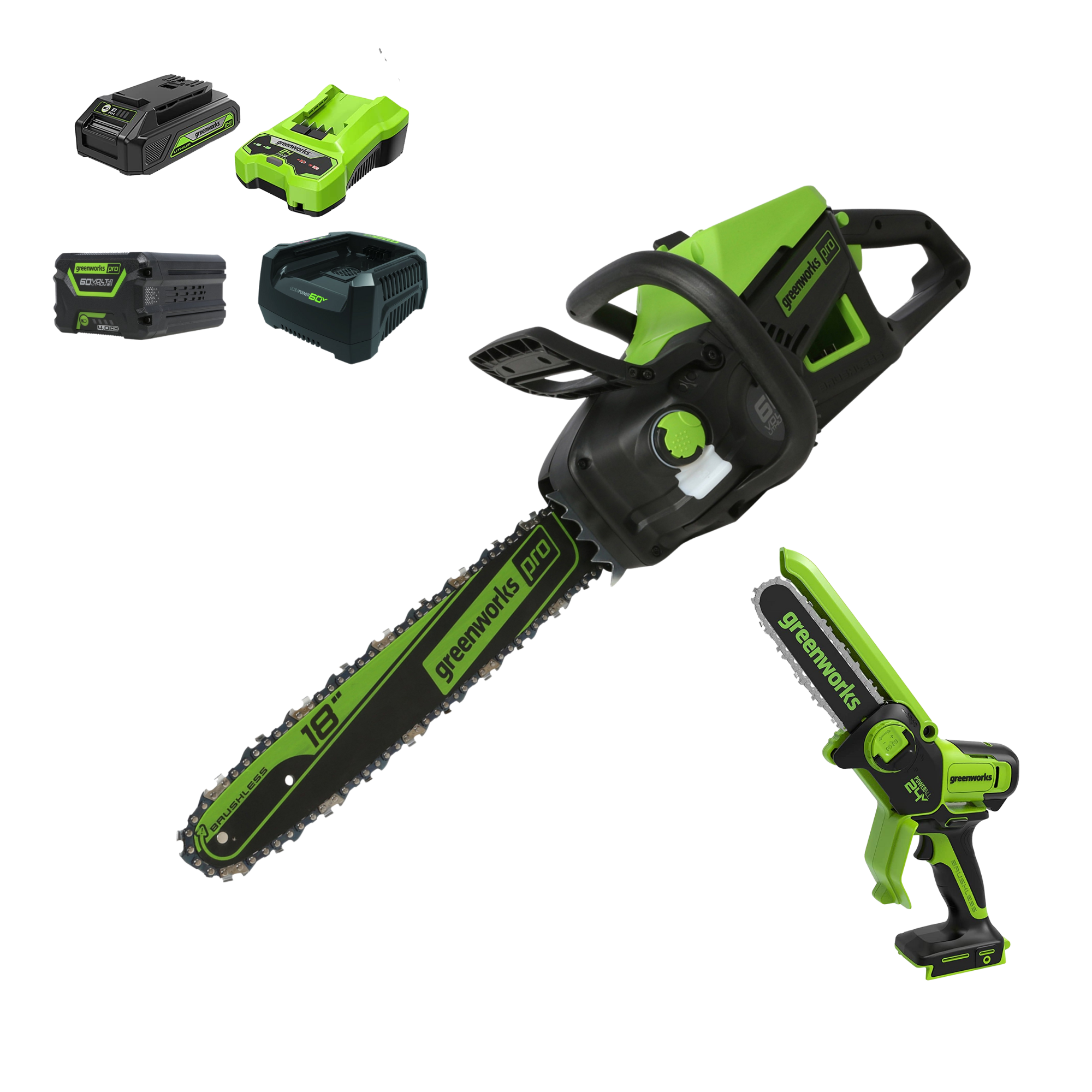 60V 18" Cordless Battery 2.0 kW Chainsaw and 24V 6" Pruner Saw, (1) 4.0 Ah Battery: (1) 2.0 Ah Battery and (2) Chargers MegaBDM