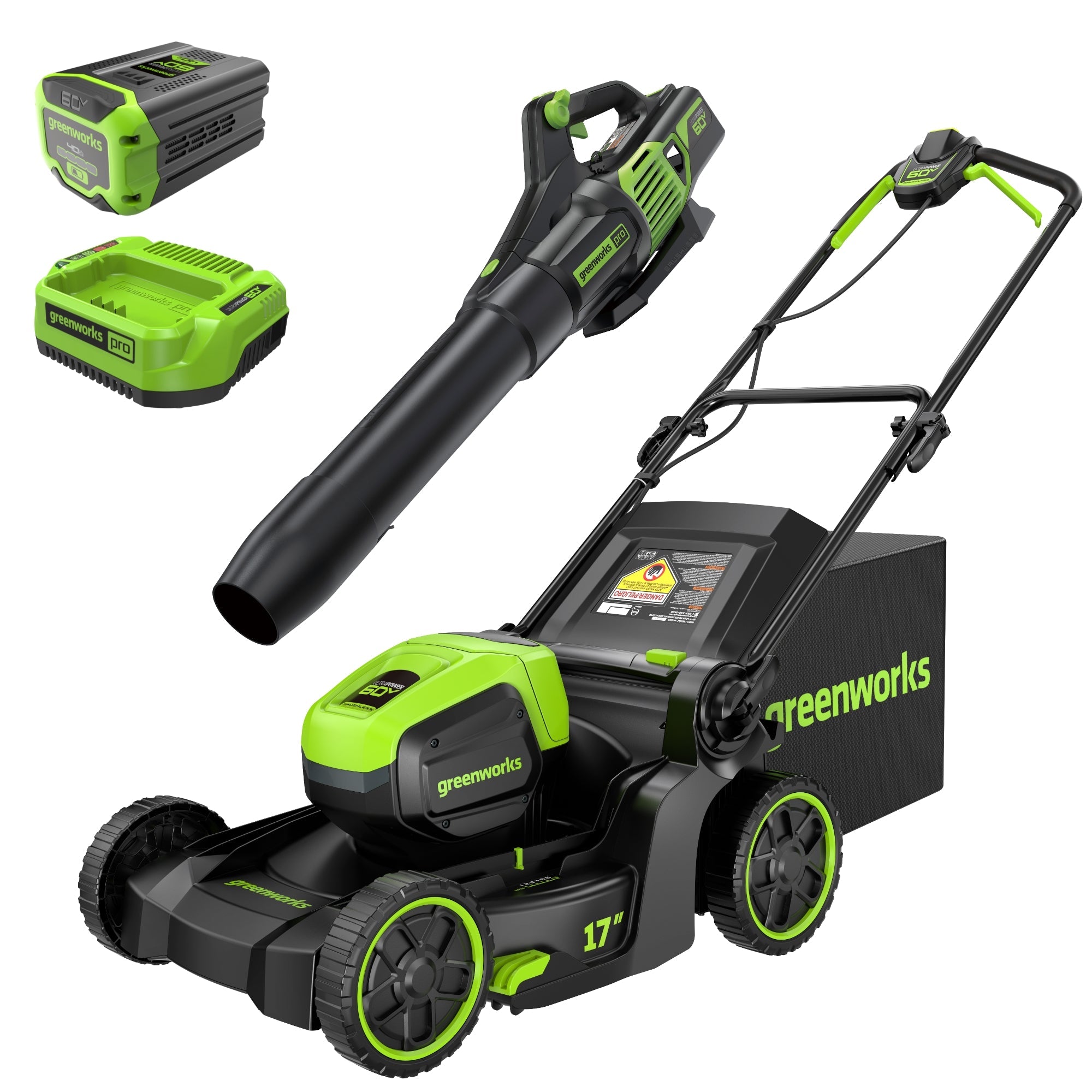 60V 17" Cordless Battery Push Lawn Mower and 610 CFM Jet Blower Combo Kit: 4.0 Ah Battery and Charger MegaBDM