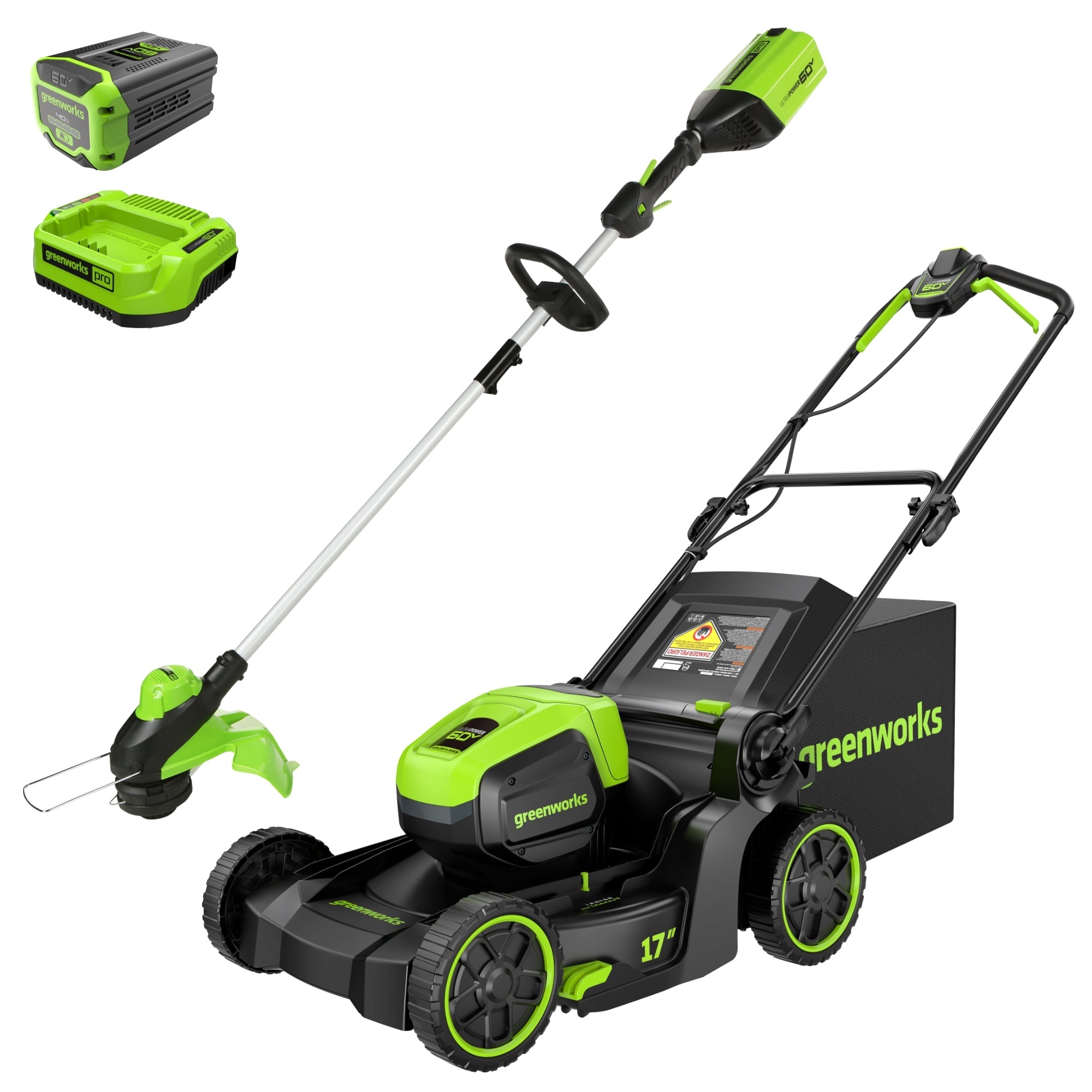 60V 17" Cordless Battery Push Lawn Mower and 13" String Trimmer Combo Kit: 4.0 Ah Battery and Charger MegaBDM
