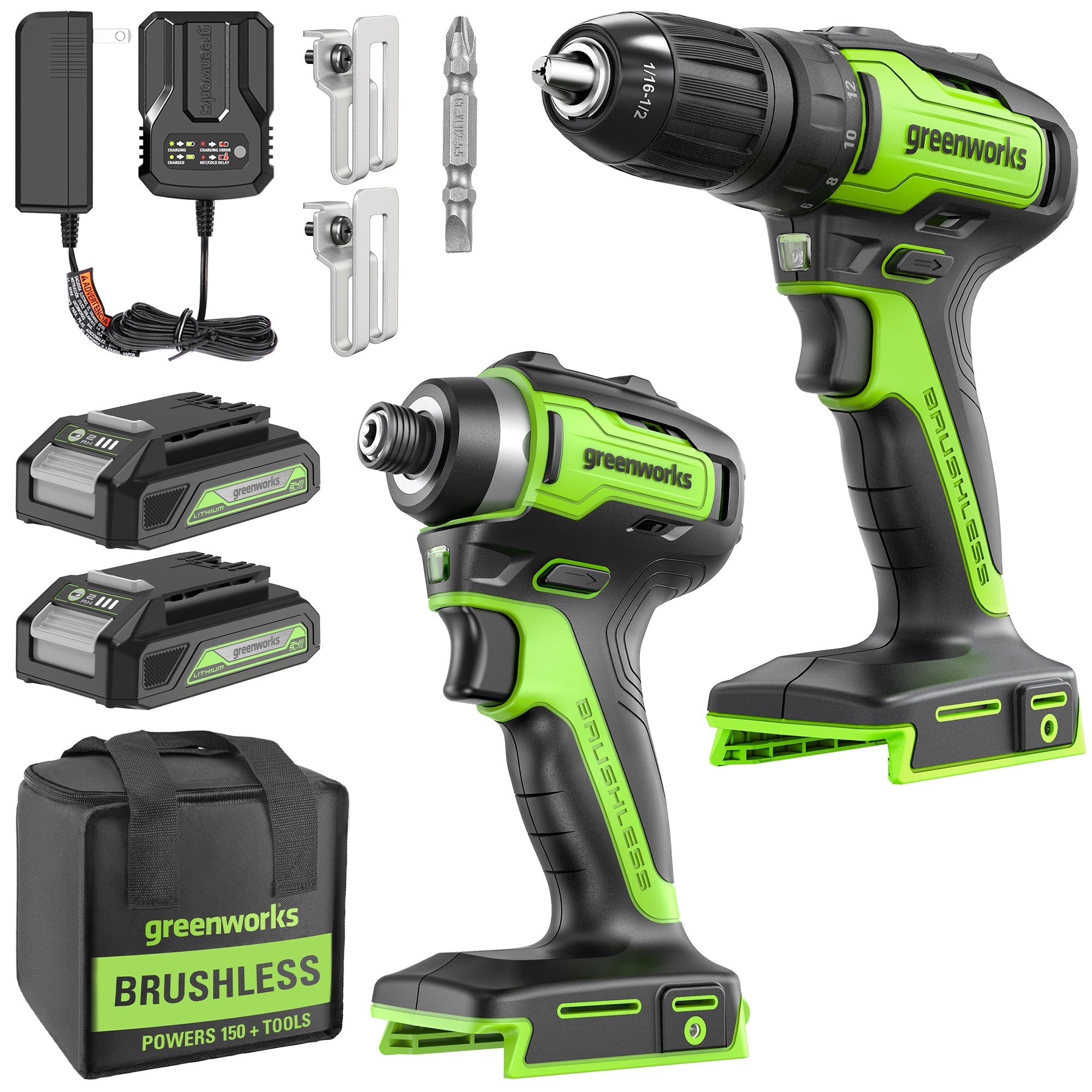 24V Cordless Battery Drill / Driver and Impact Driver Kit: (2) 2.0 Ah Batteries and Charger MegaBDM