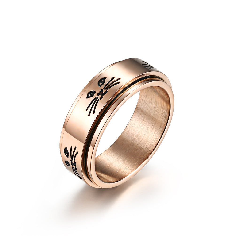 Steel Rotatable Cat Alien Cute Face Ring - Rose Gold / 6# MegaBDM