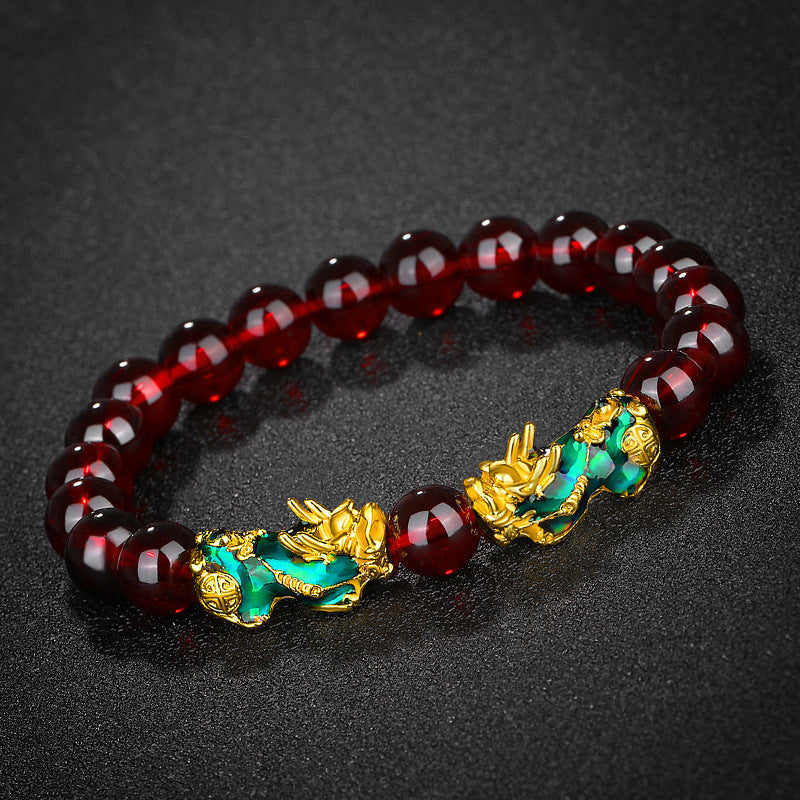 Vietnam Placer Gold Pi Obsidian Mantra Bracelets - 8mm Garnet Double Temperature-Sensitive Chopsticks (Small Size) MegaBDM