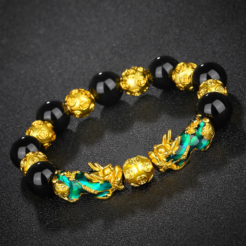 Vietnam Placer Gold Pi Obsidian Mantra Bracelets - Boy Meets Girl (12mm Obsidian Medium Temperature Sensitive ..) MegaBDM