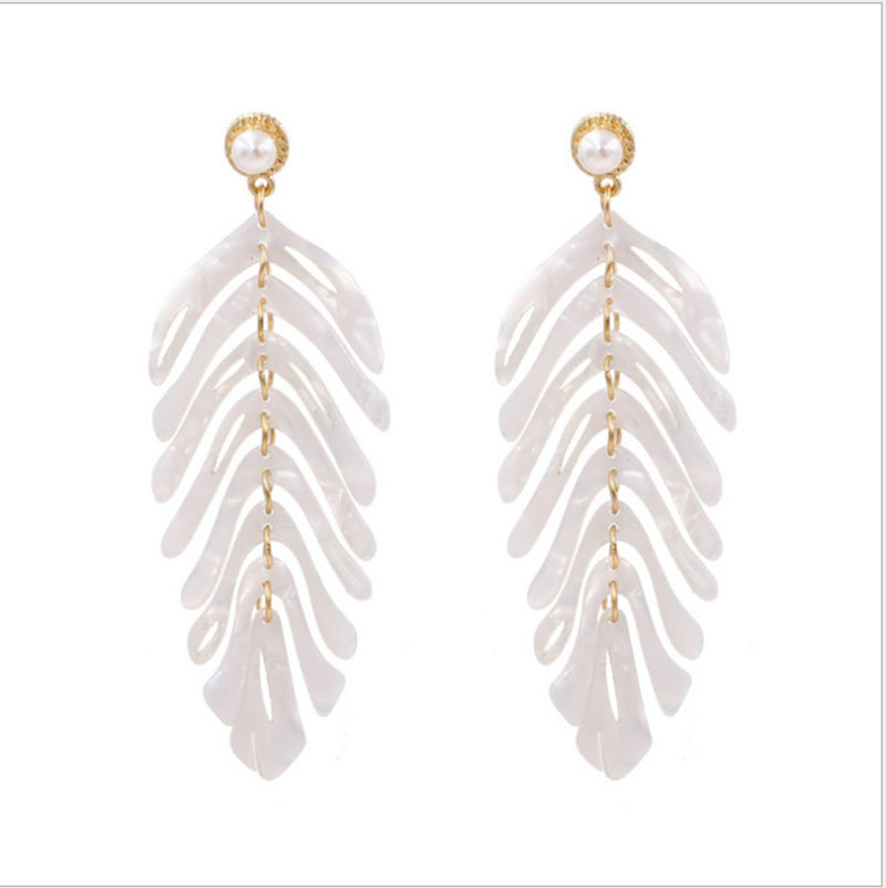 Personalized Design Trendy Fresh Simple Fashion Leaf Tassel Style Stud Earrings - White MegaBDM
