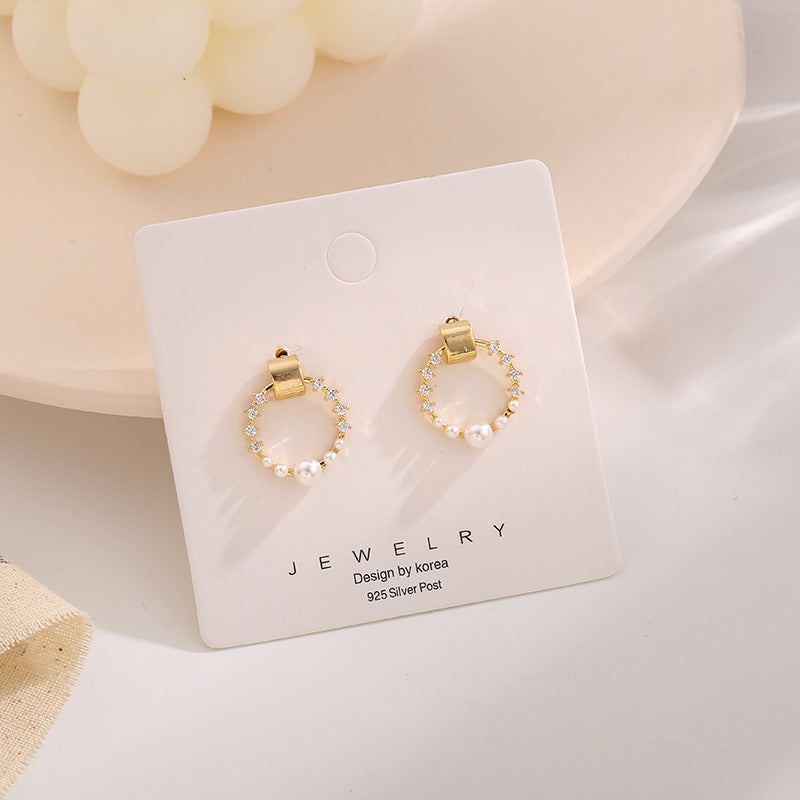 High Sense Micro Inlaid Pearls Geometric Circle Diamond Earrings MegaBDM