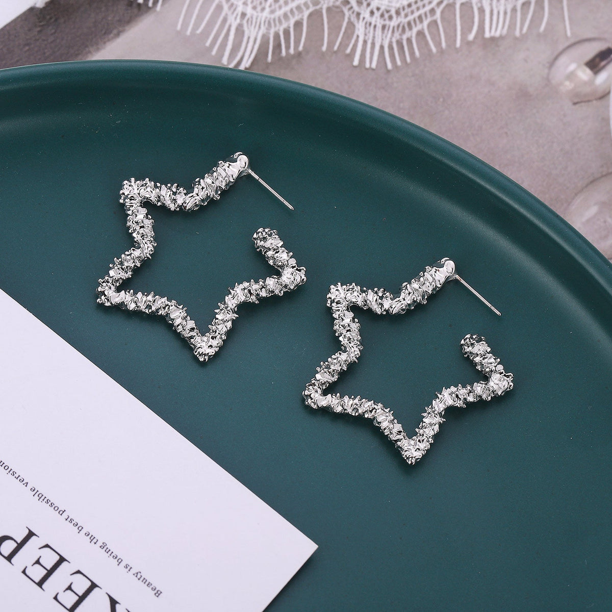 Texture Love Five-pointed Star Diamond Metal Earrings - Five-Pointed Star Silver A7419 MegaBDM