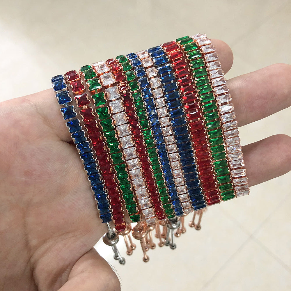 Women's Full Diamond Adjustable Crystal Popular Square Color Bracelets - 3mm Square Rose Red Stone MegaBDM