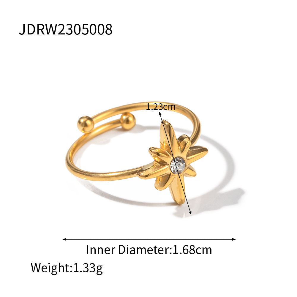 Waterproof 18K Gold-plated Stainless Steel Fashion Jewelry White Zirconia Octagram Rings for Women
