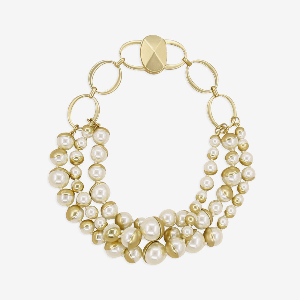 Women's Color Optional Three-row Pearl Glass Magnetic Buckle Necklaces - White Pearl Burning Gold (Necklace with Two Circles in the Same Picture) MegaBDM