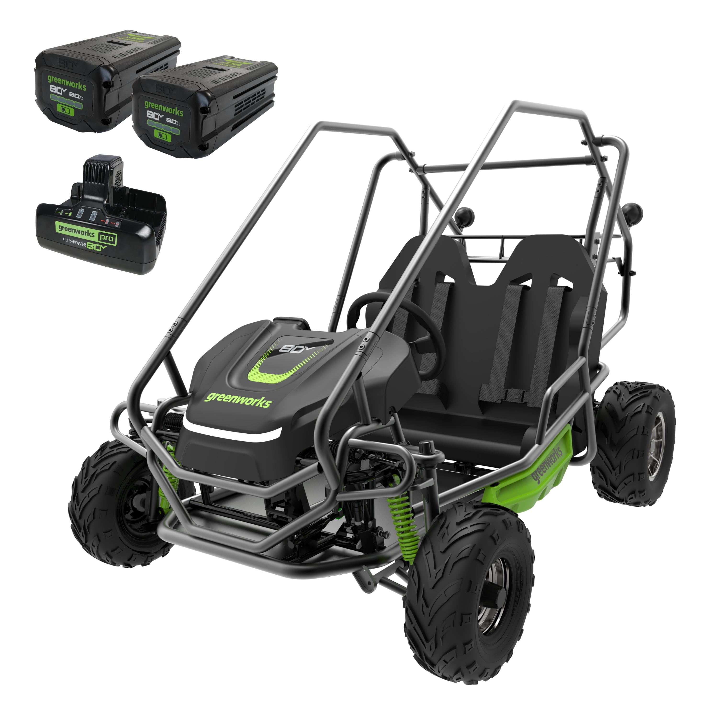 80V STEALTH Series All-Terrain 2-Seat Electric Youth Go-Kart: (2) 8.0 Ah Batteries and Dual-Port Charger MegaBDM