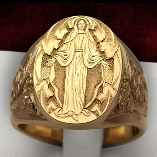Neutral Gold-plated Virgin Mary Blessing Badge Rings - Yellow Gold / No. 12 MegaBDM