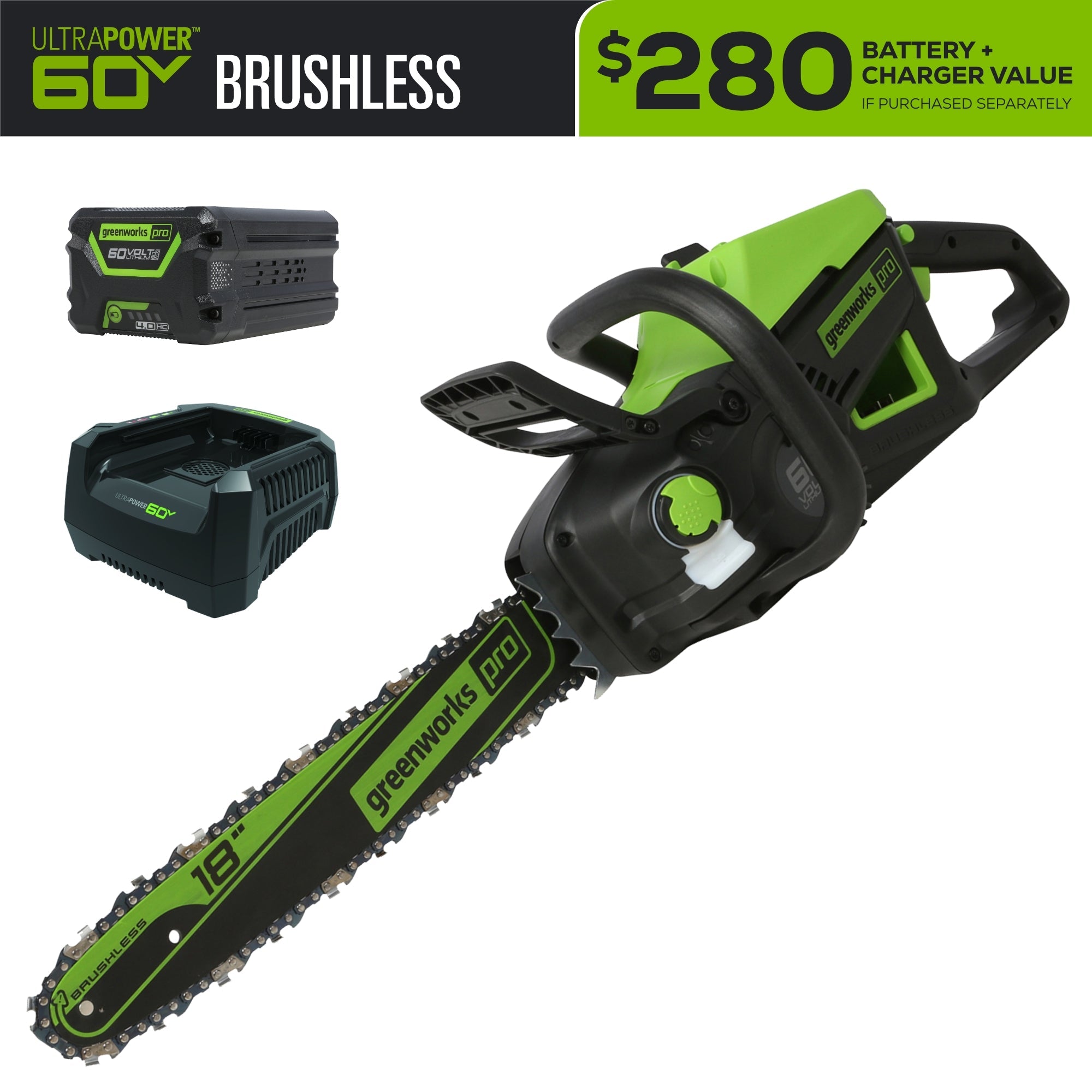 60V 18" Cordless Battery 2.0kW Chainsaw w/ 4.0 Ah Battery & Charger MegaBDM